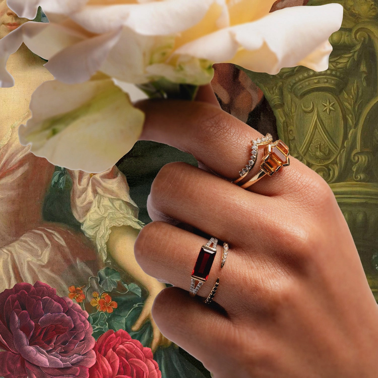 14k Gilded Garnet East West Baguette Ring