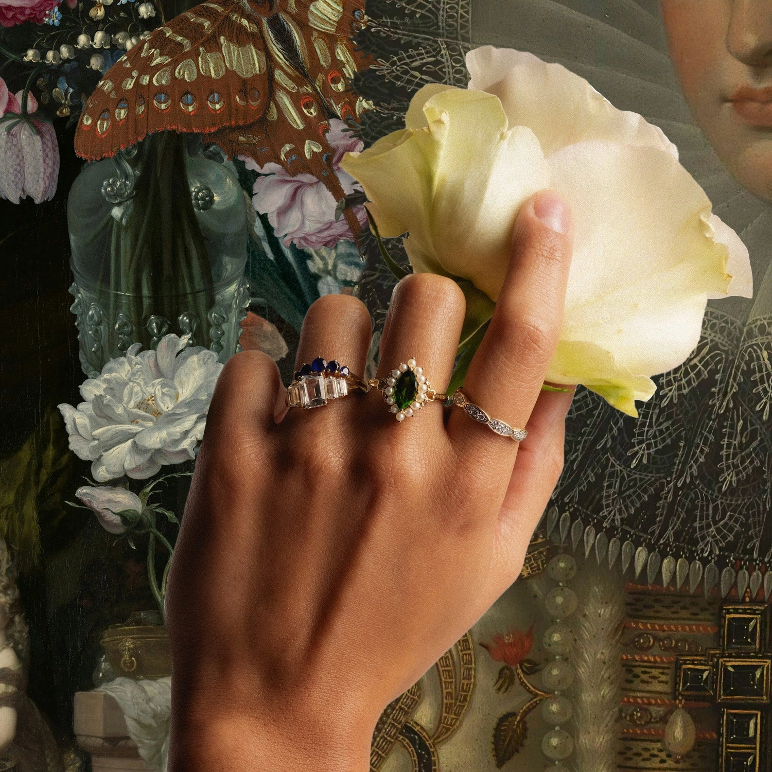 14k Opulent Green Diopside and Pearl Marquise Ring