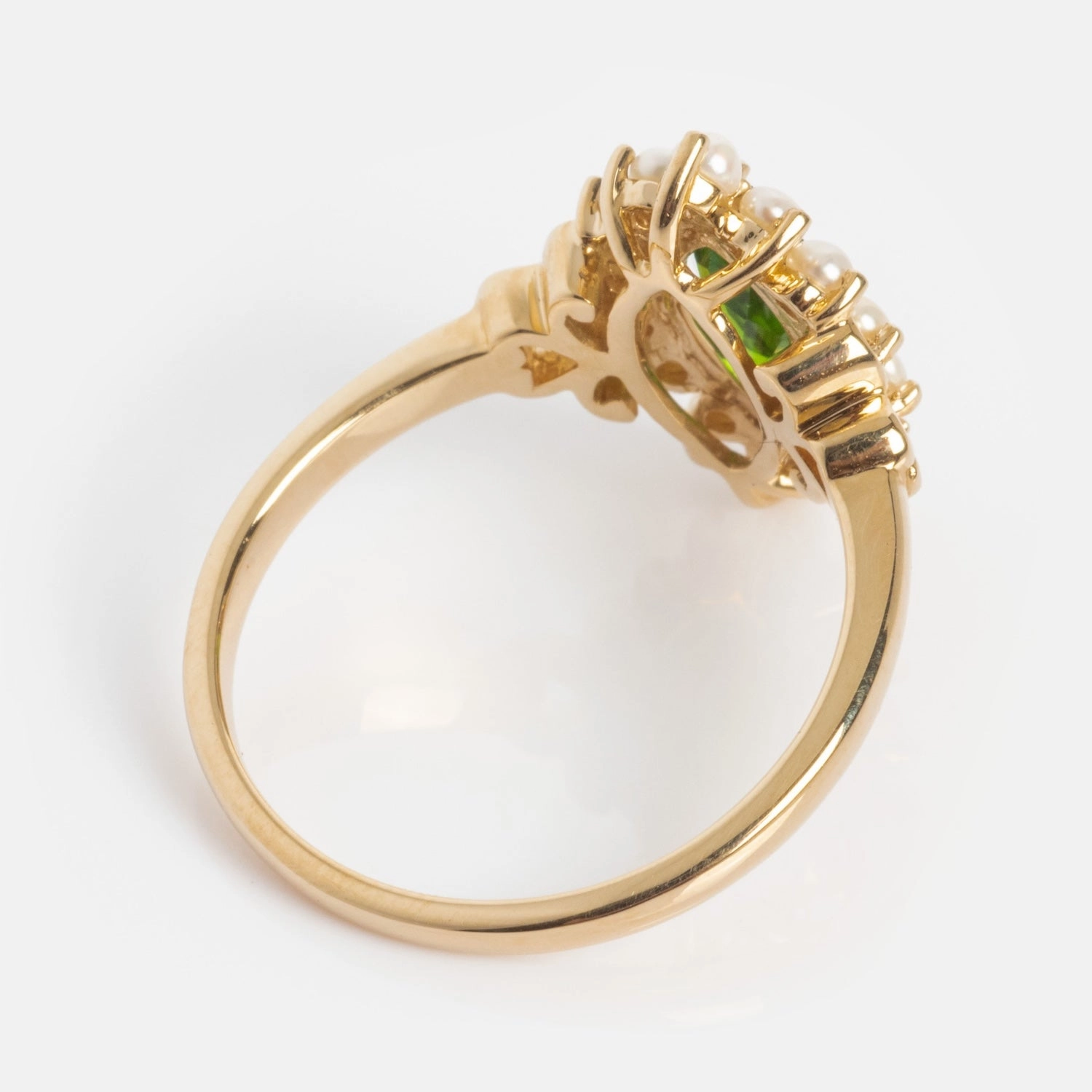 14k Opulent Green Diopside and Pearl Marquise Ring