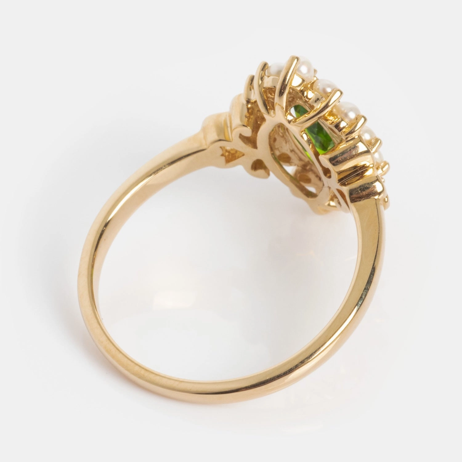 14k Opulent Green Diopside and Pearl Marquise Ring