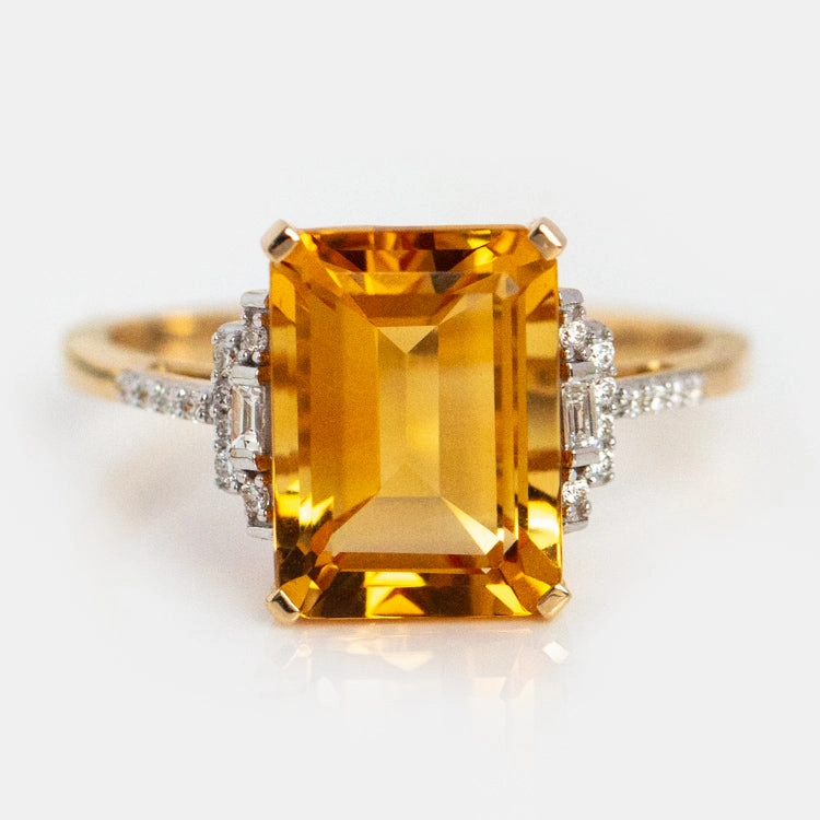 14k Solid Gold Citrine and Diamond Deco Ring