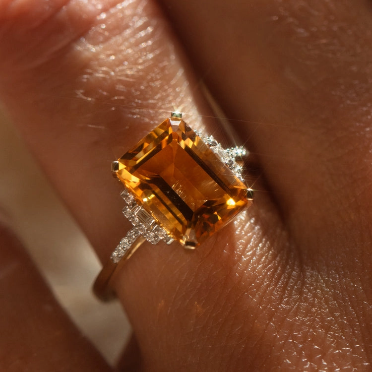14k Solid Gold Citrine and Diamond Deco Ring