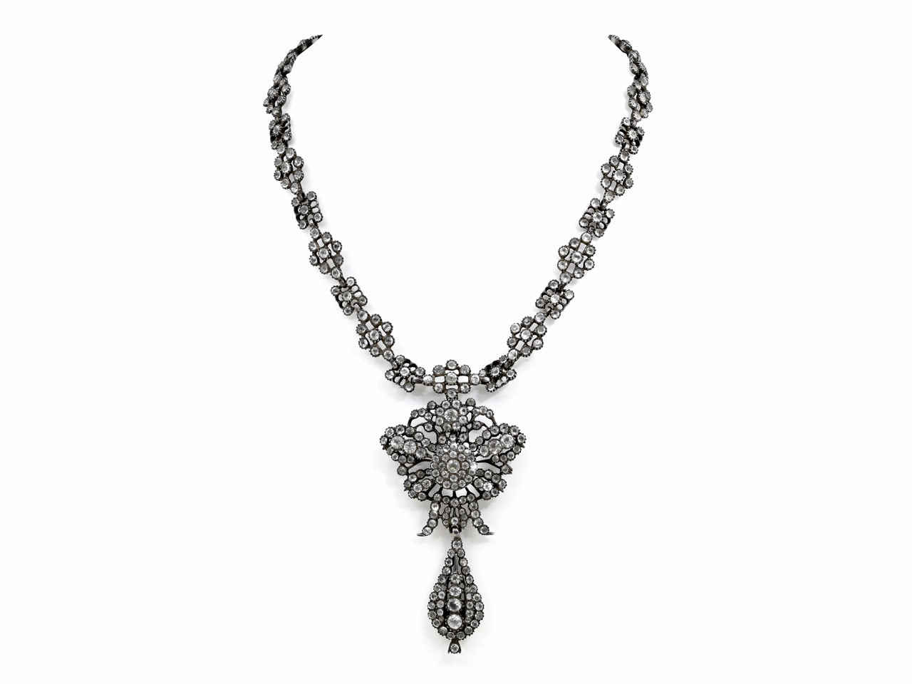 Antique 18th Century Portuguese Black Dot Paste Stone Pendeloque Necklace in Silver