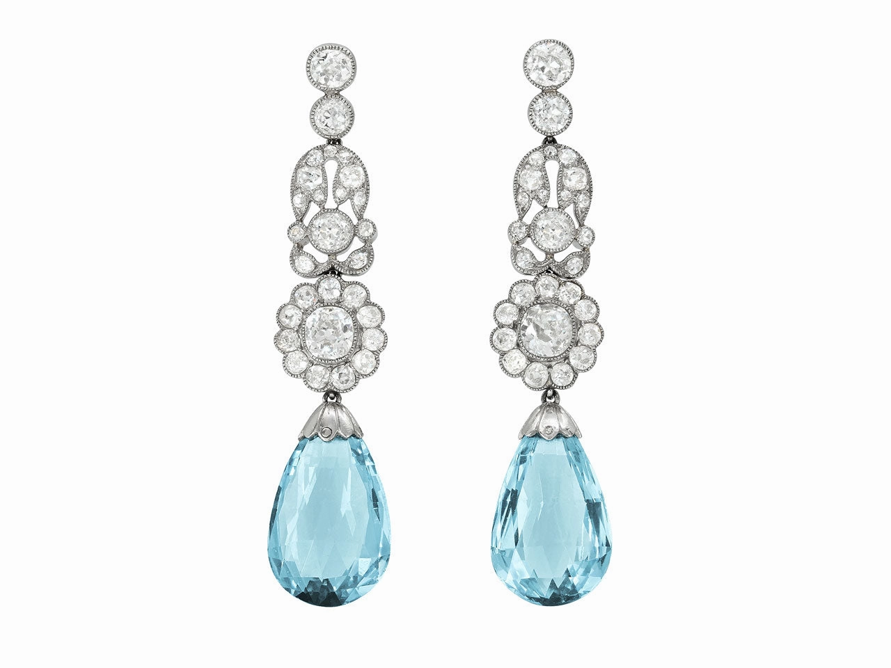 Antique Belle Epoque Diamond and Aquamarine Earrings in Platinum