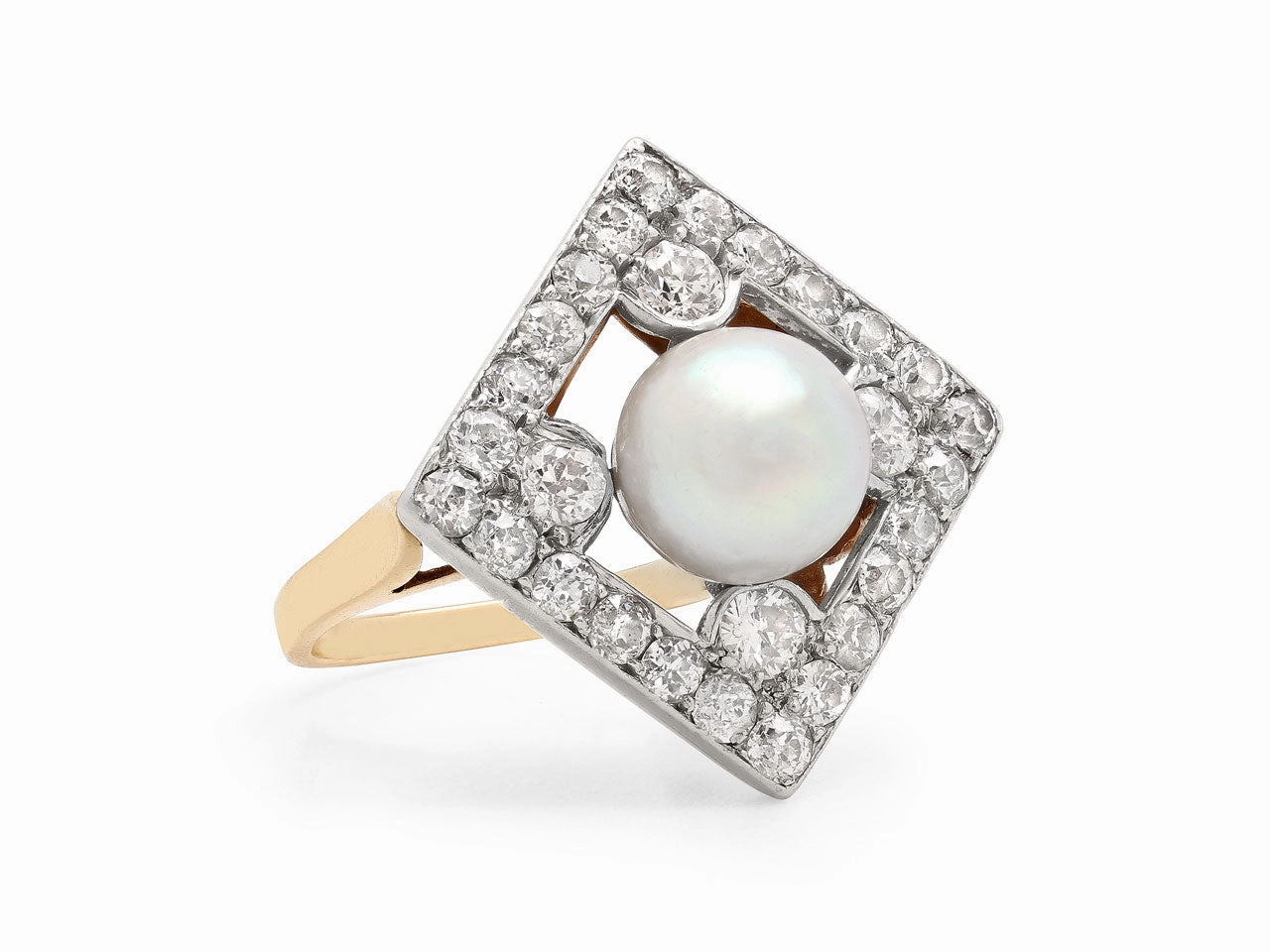 Antique Edwardian Natural Pearl and Diamond Ring in 14K Gold and Platinum