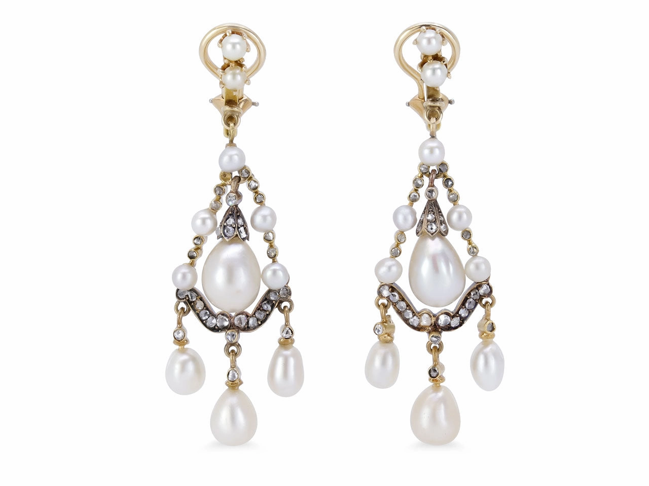 Antique Victorian Natural Pearl, Cultured Pearl and Diamond Earrings in Silver and Gold