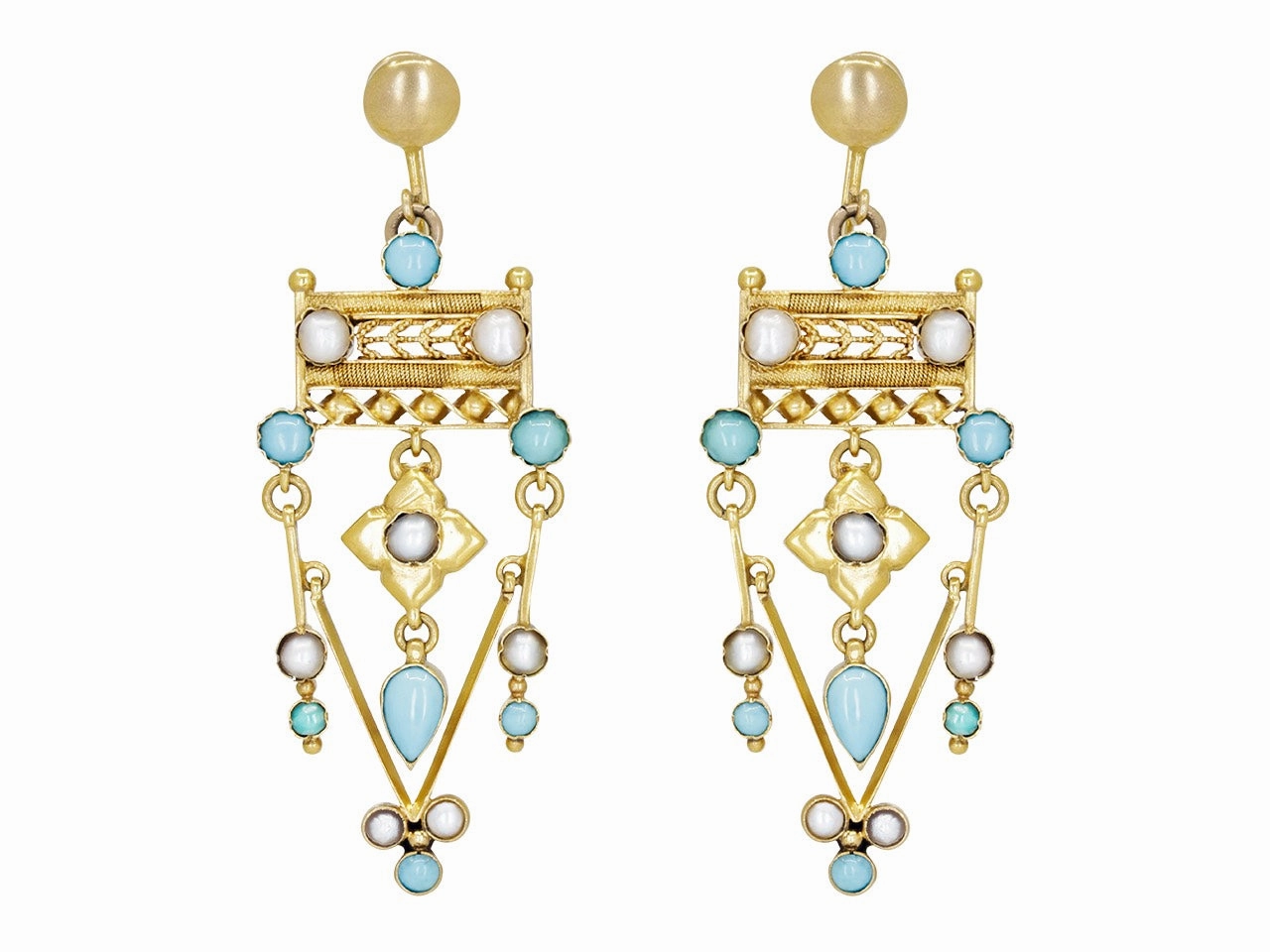 Antique Victorian Turquoise and Split Pearl Earrings in Low Karat Gold