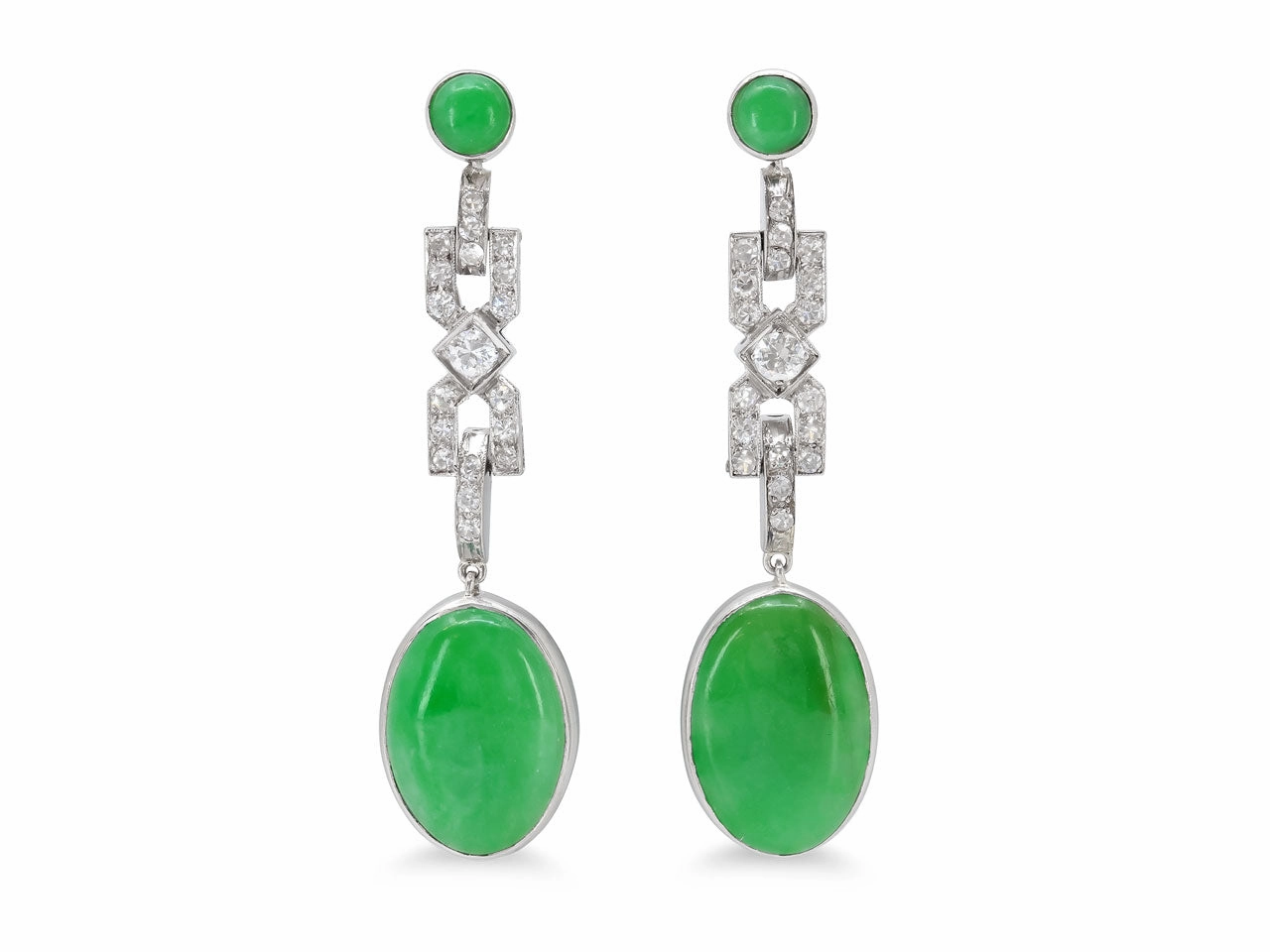 Art Deco Diamond and Jade Earrings in Platinum