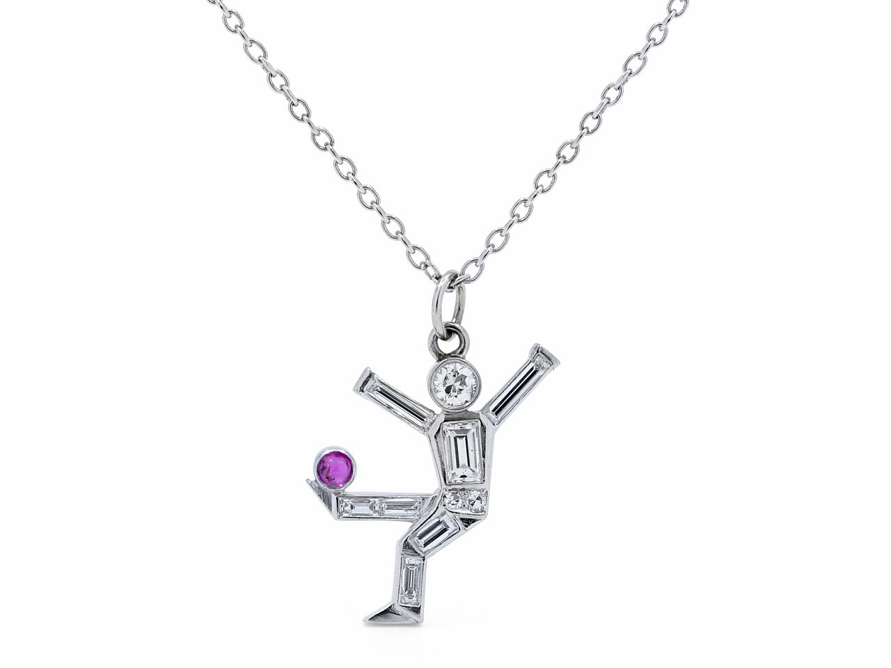 Art Deco Soccer Player Diamond and Ruby Pendant in Platinum