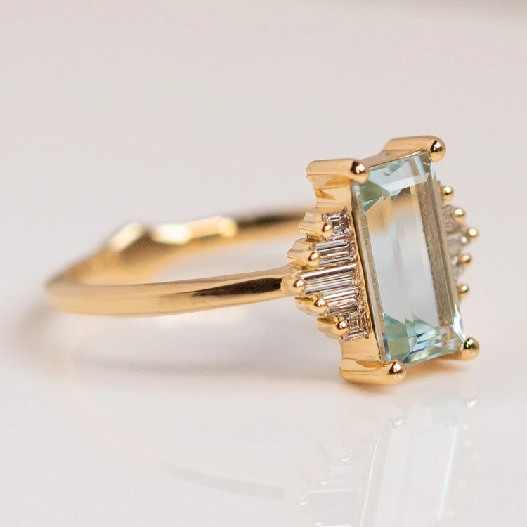Baguette Cut Aquamarine and Diamond Ring