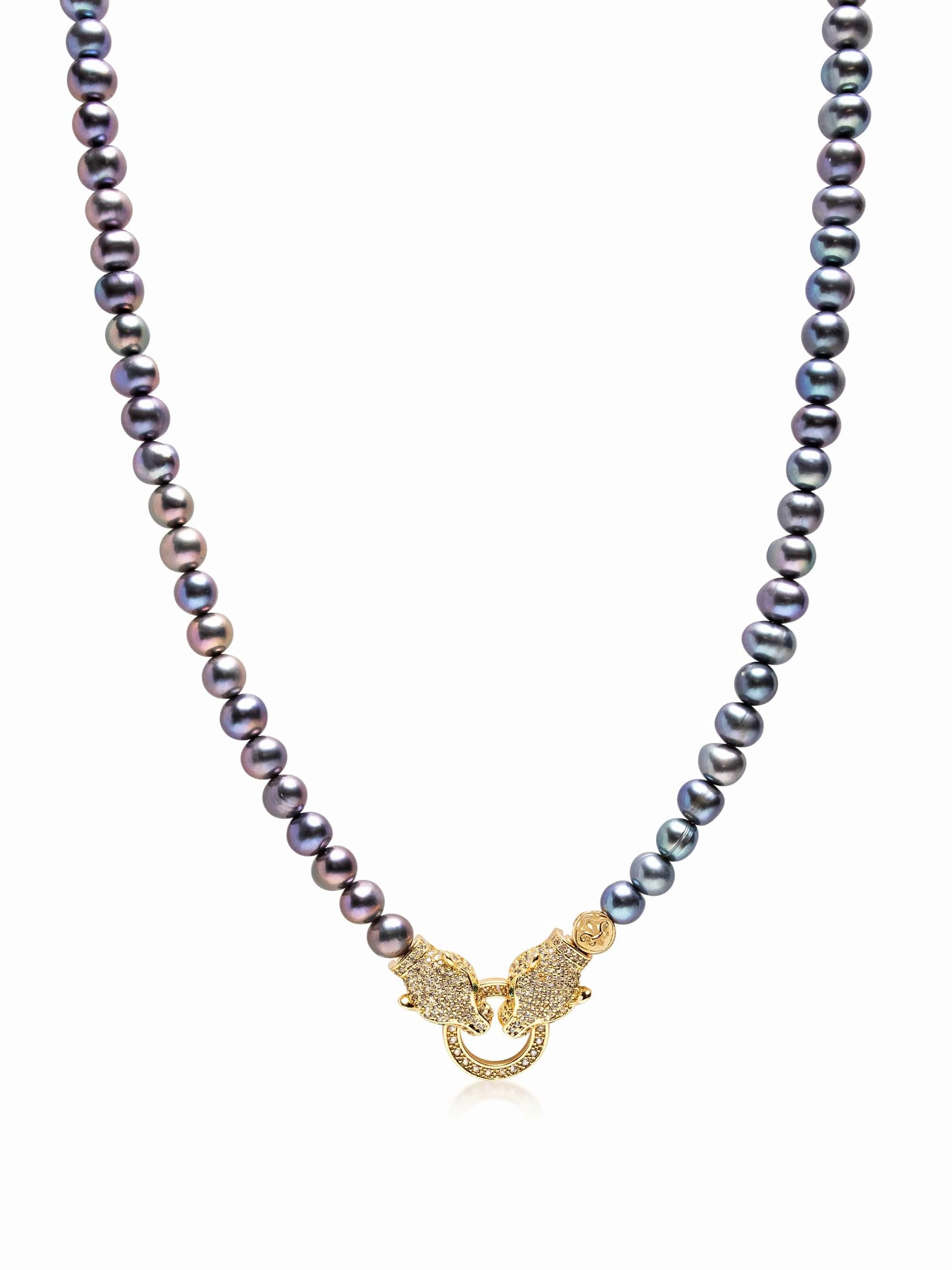 Black Pearl Necklace with Double Panther Head in Gold