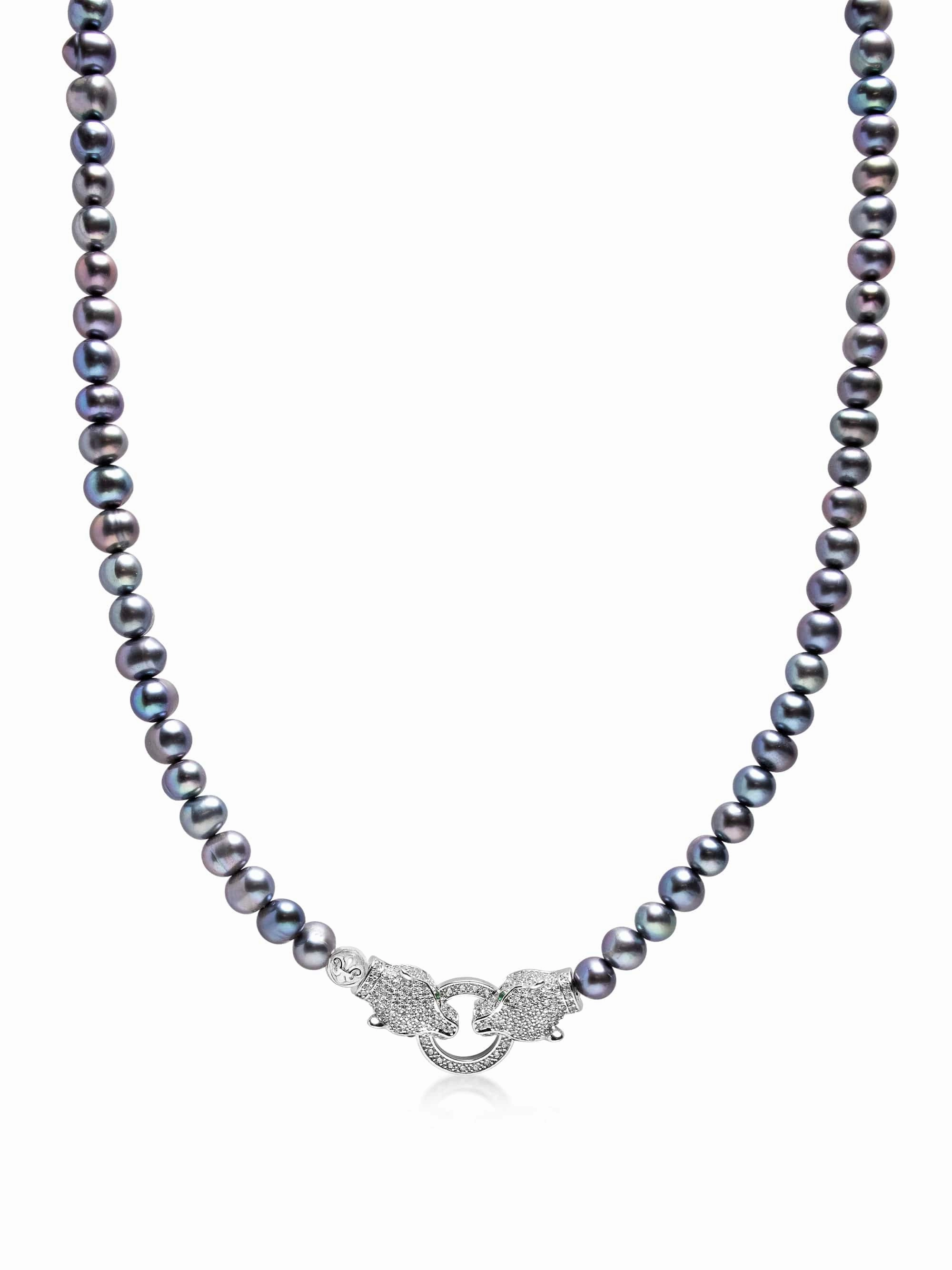 Black Pearl Necklace with Double Panther Head in Silver