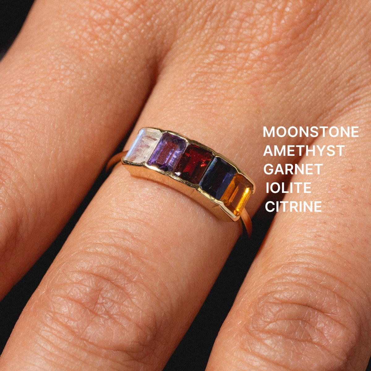 Customizable Acrostic Baguette Gemstone Ring
