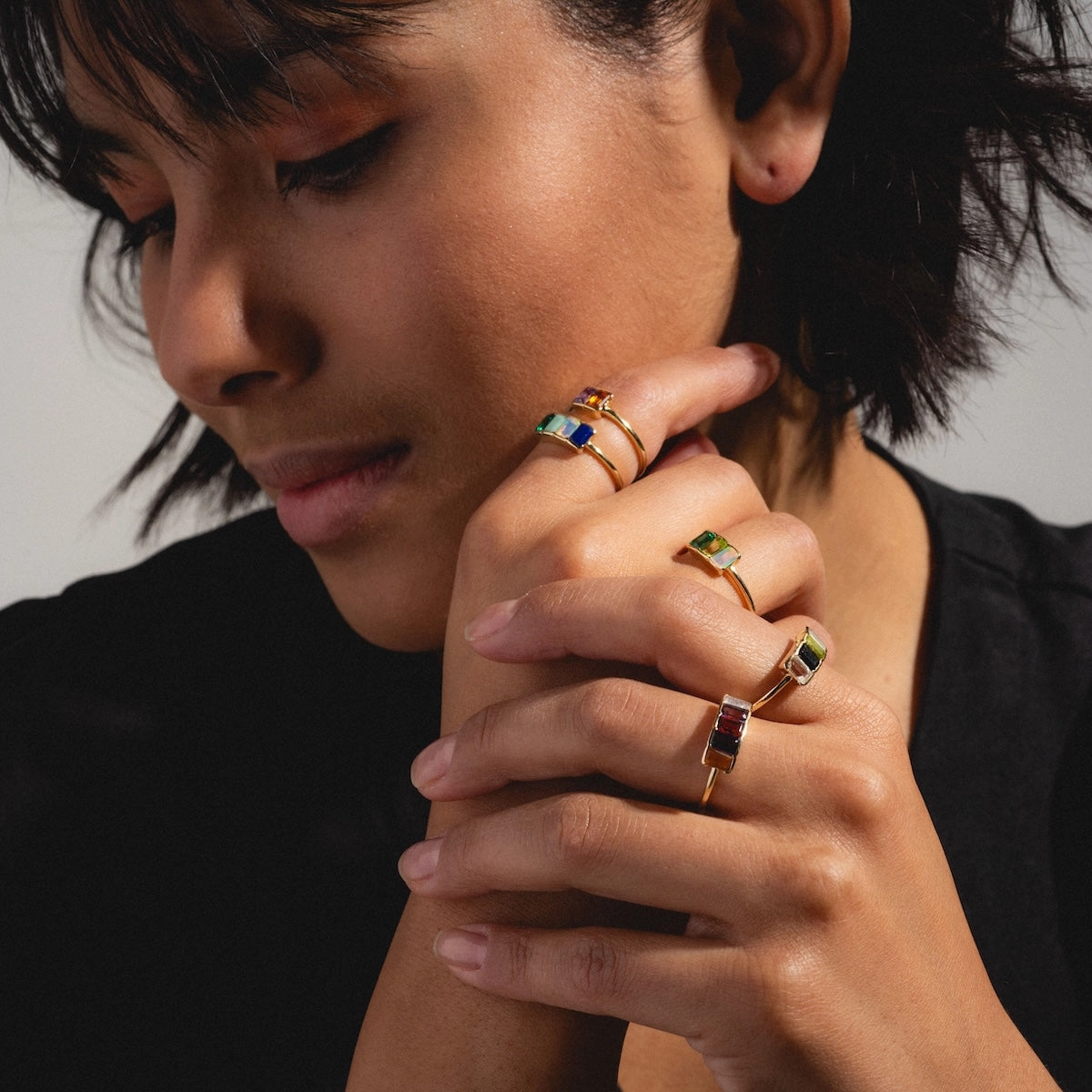 Customizable Acrostic Baguette Gemstone Ring