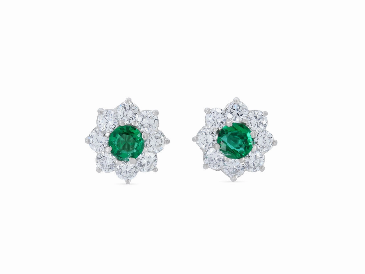 Emerald and Diamond Cluster Earrings in Platinum