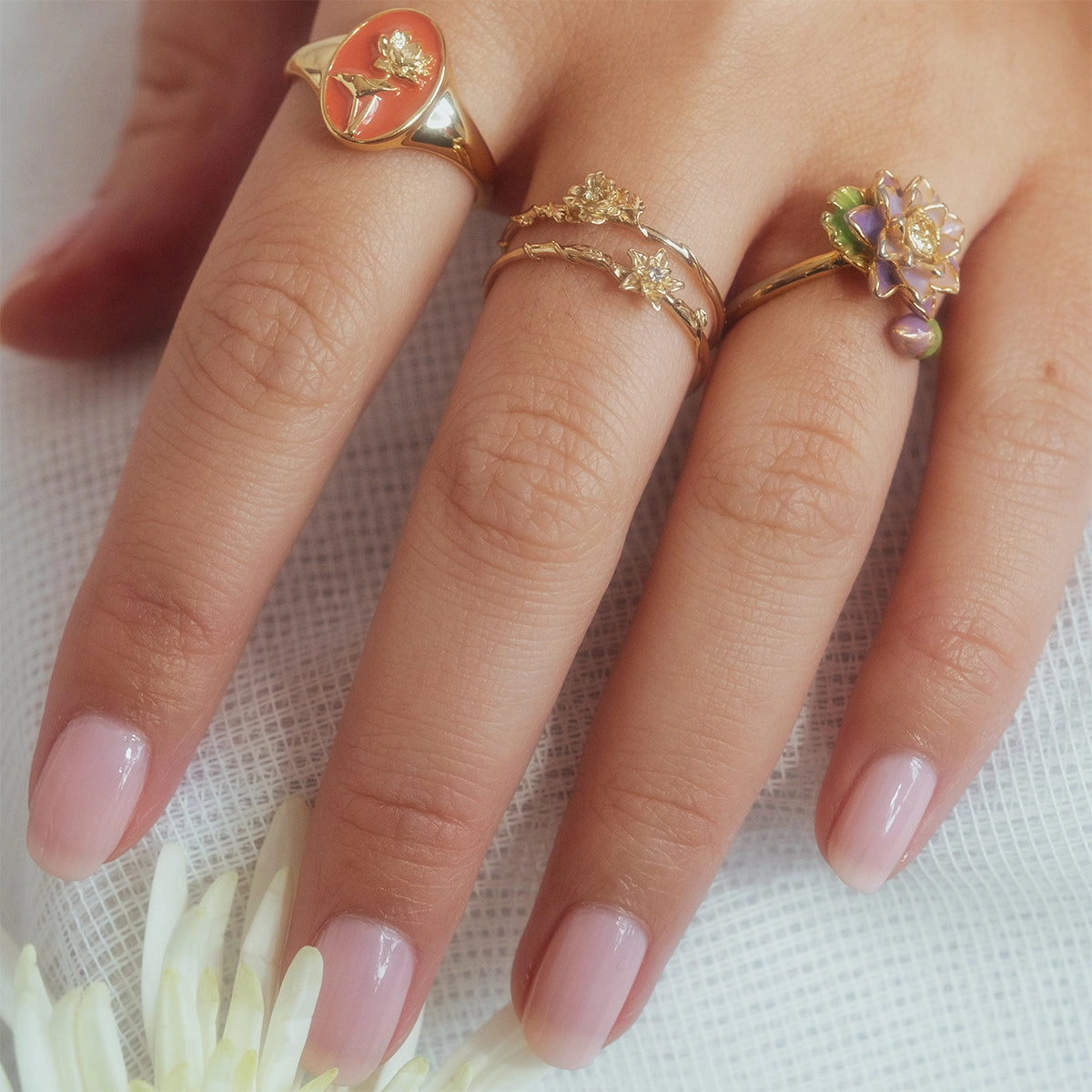Enamel Birth Flower Signet Ring