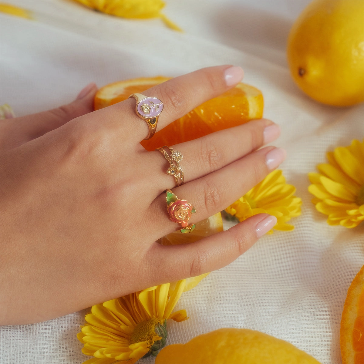 Enamel Birth Flower Signet Ring