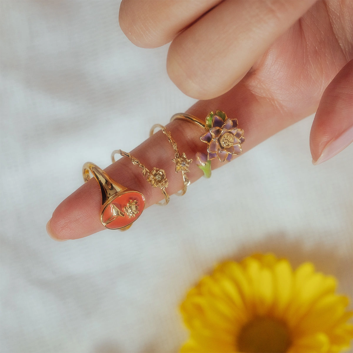 Enamel Birth Flower Signet Ring