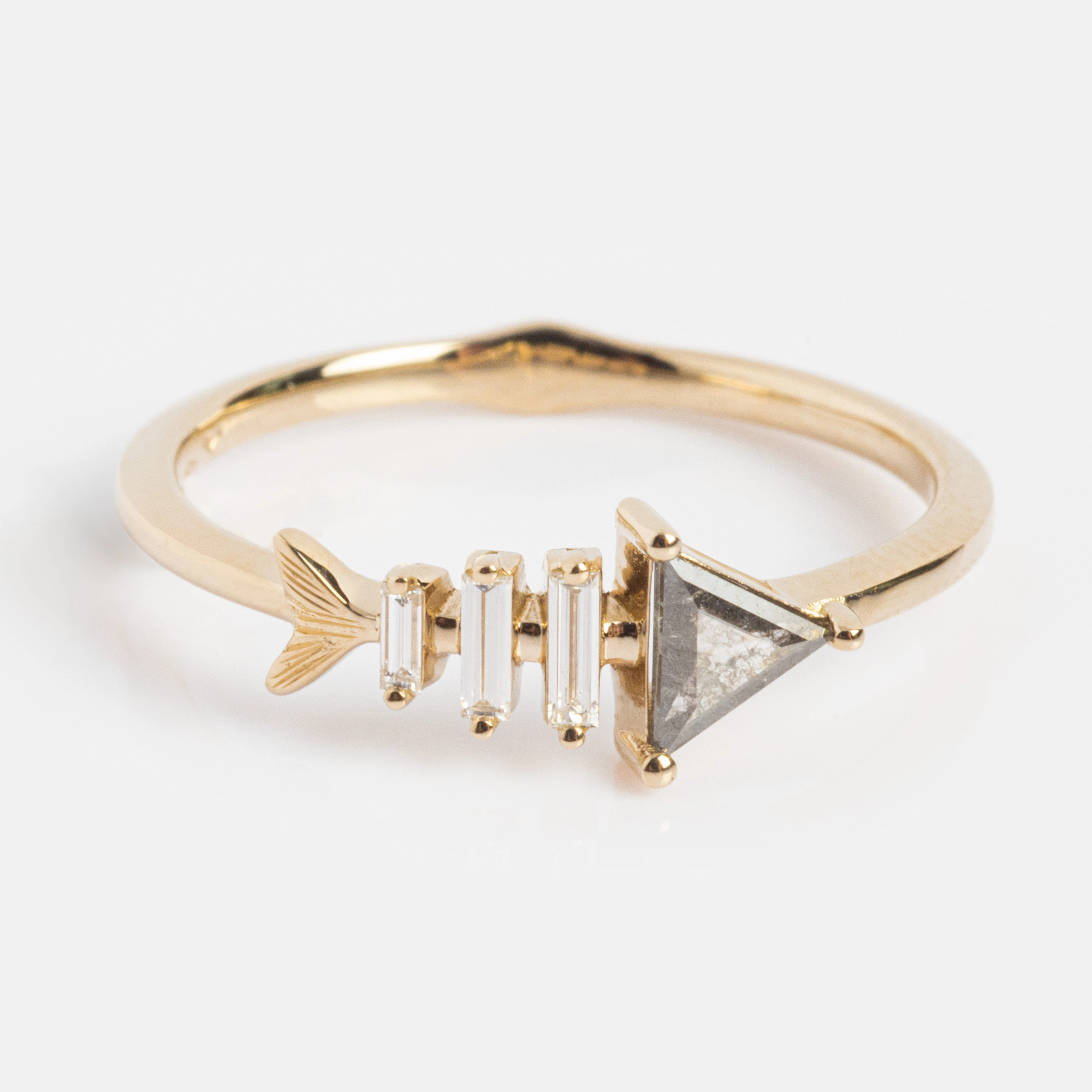 Gold Fish Bone Ring with Triangle and Baguette Cut Diamond