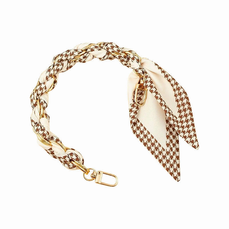 Gold Phone Chain with Scarf Brown Houndstooth - Short F