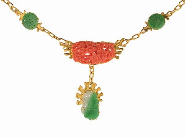 Jean Mahie Carved Coral and Jadeite Necklace in 22K Gold