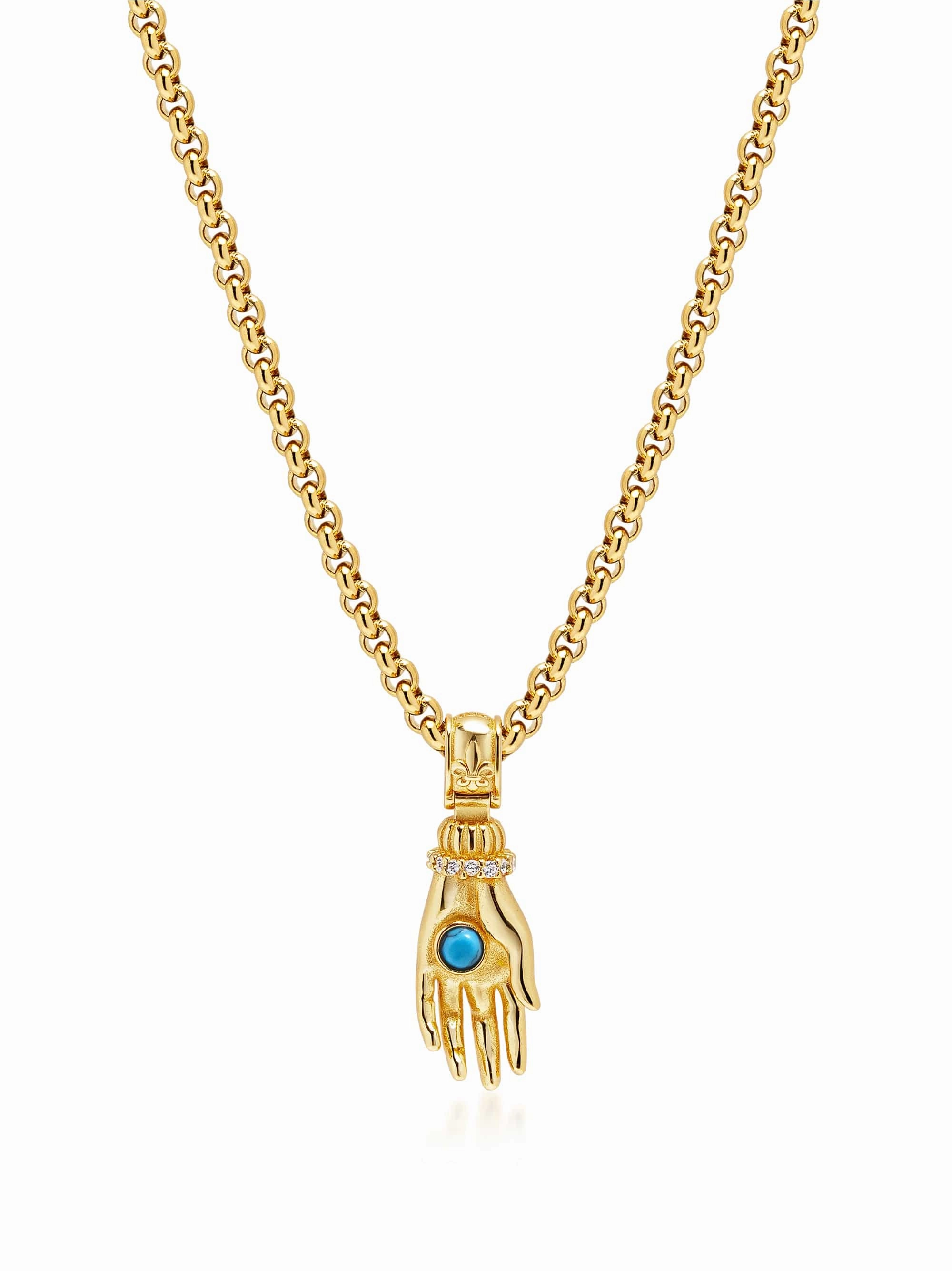 Men's Hand Pendant with a Small Turquoise Gemstone in Gold