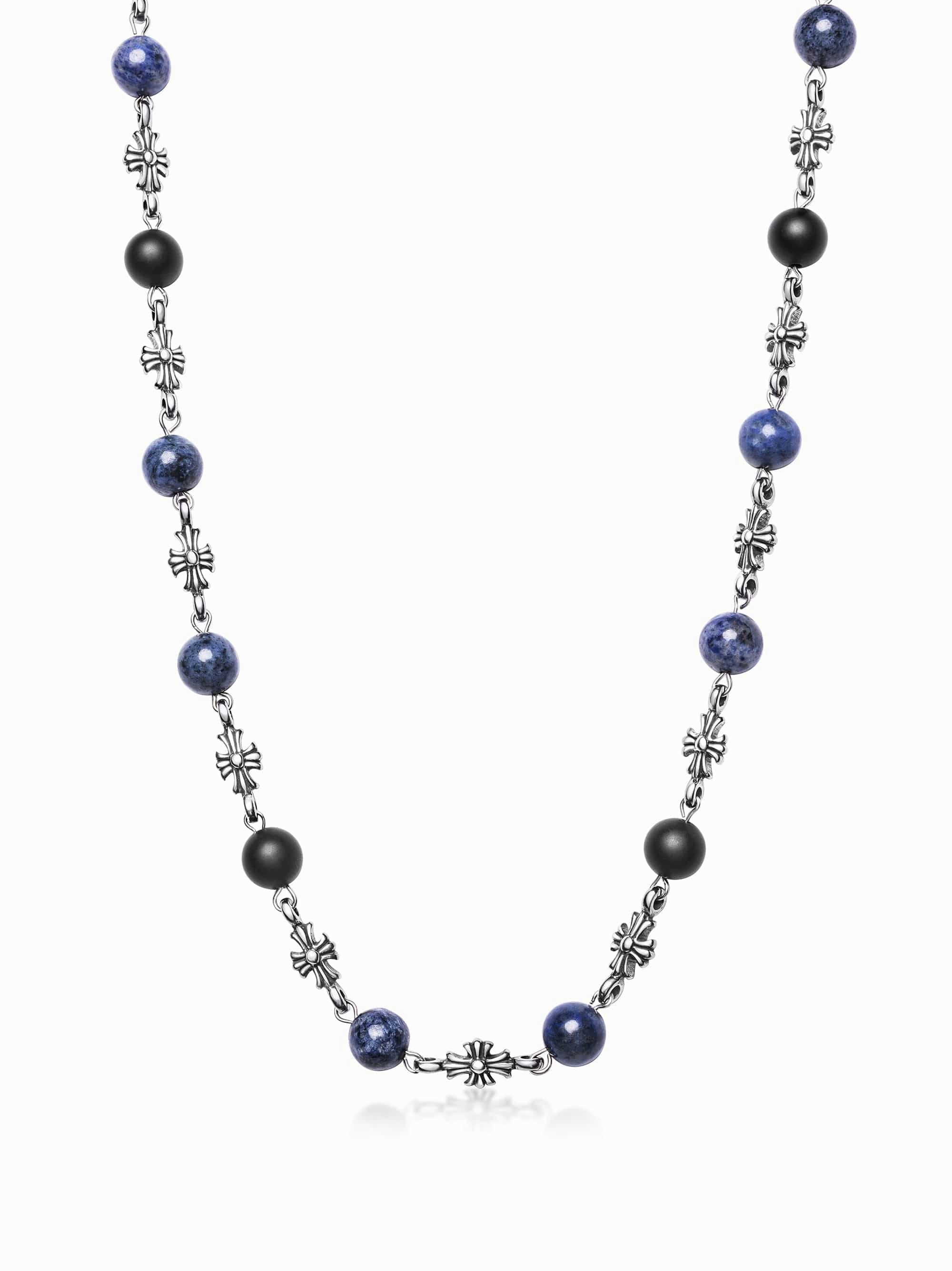 Men's Silver Cross Chain with Matte Onyx and Blue Dumortierite
