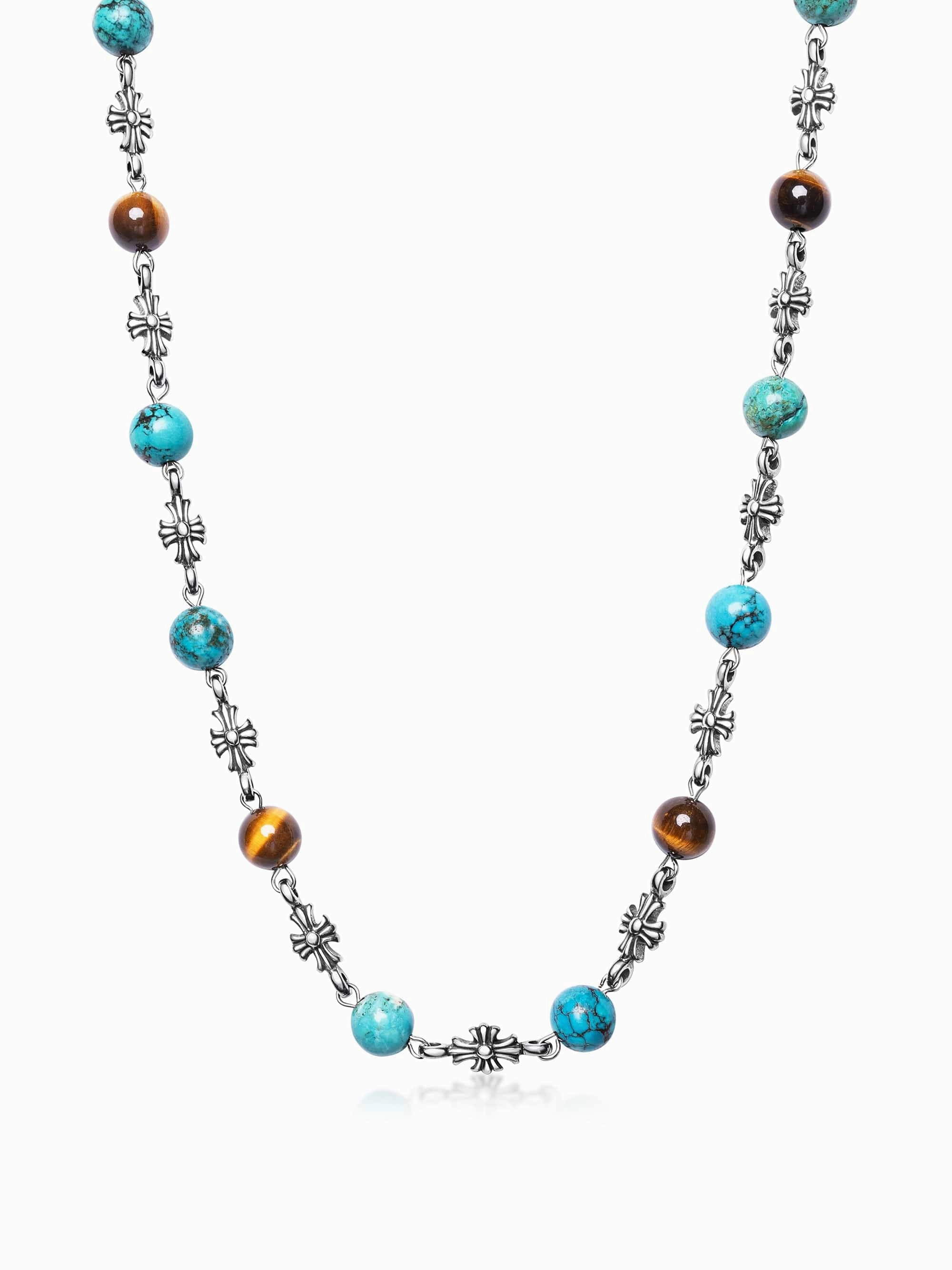 Men's Silver Cross Chain with Turquoise and Brown Tiger Eye