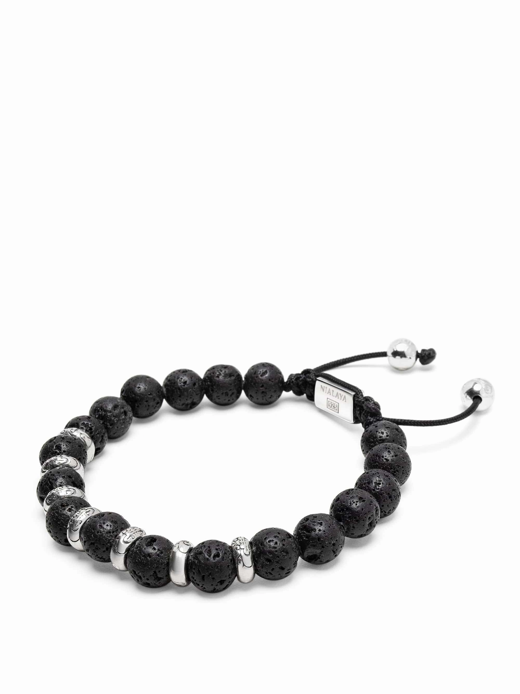 Men's Sterling Silver Beaded Bracelet with Lava Stone