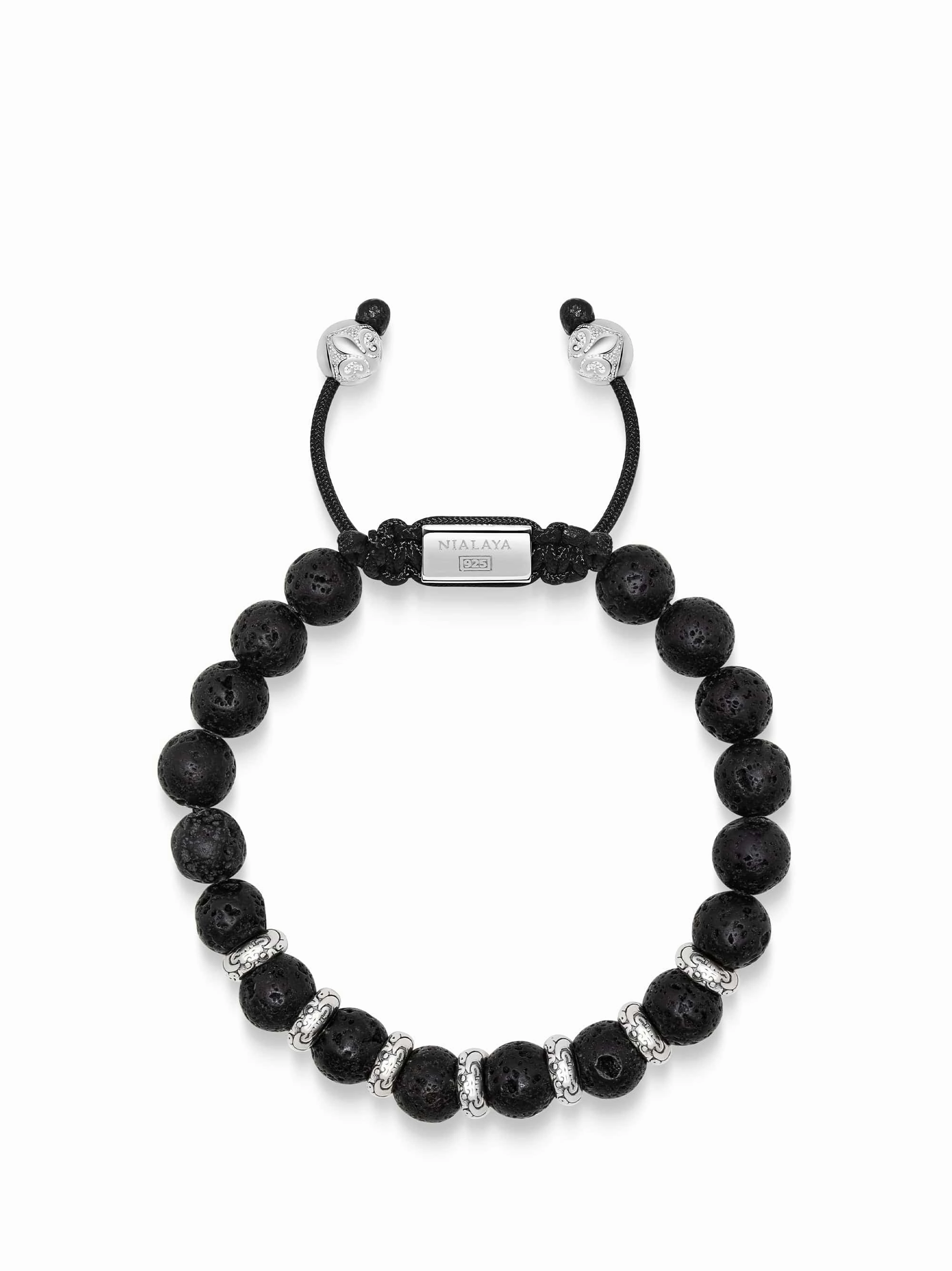 Men's Sterling Silver Beaded Bracelet with Lava Stone