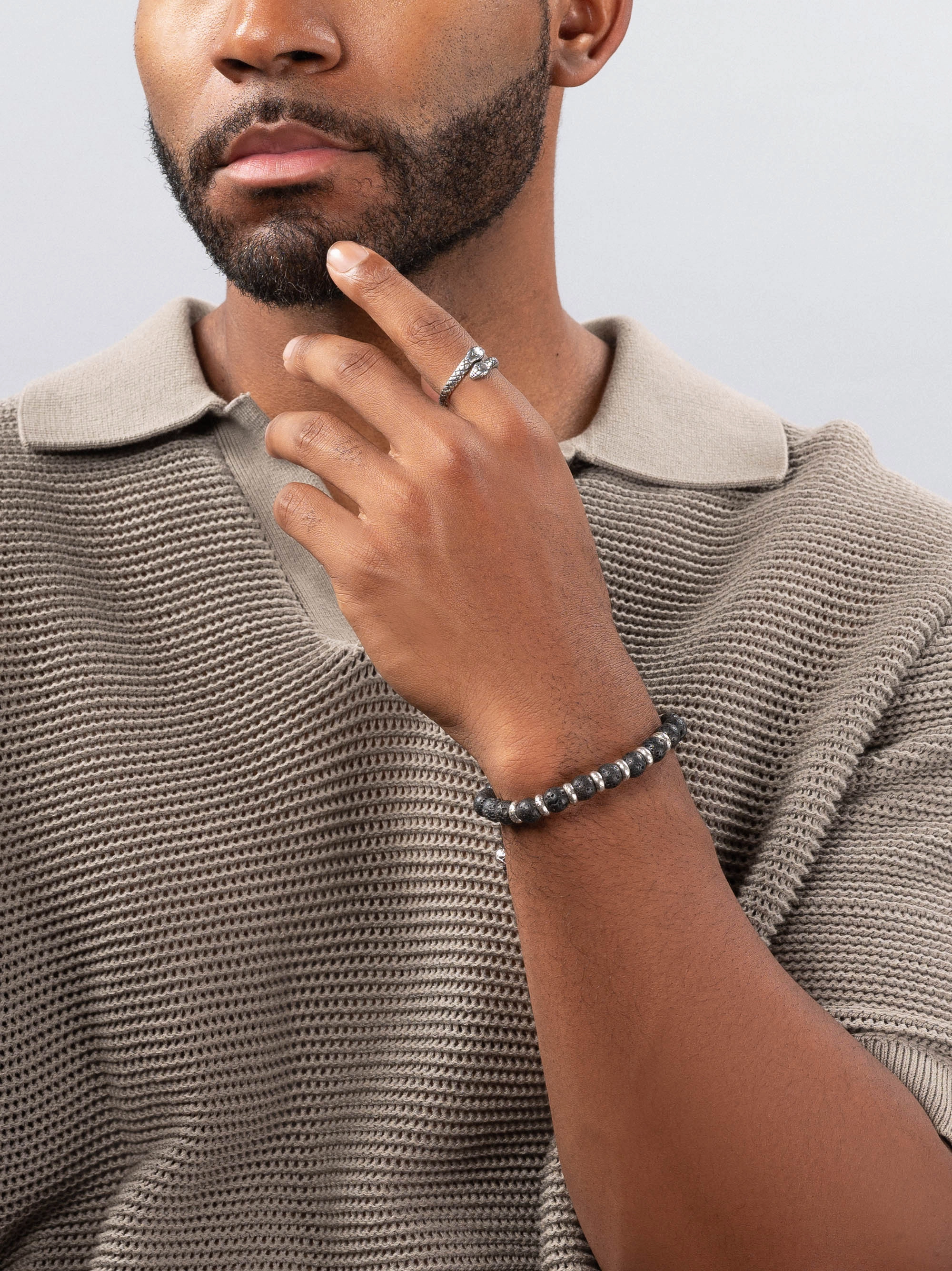 Men's Sterling Silver Beaded Bracelet with Lava Stone