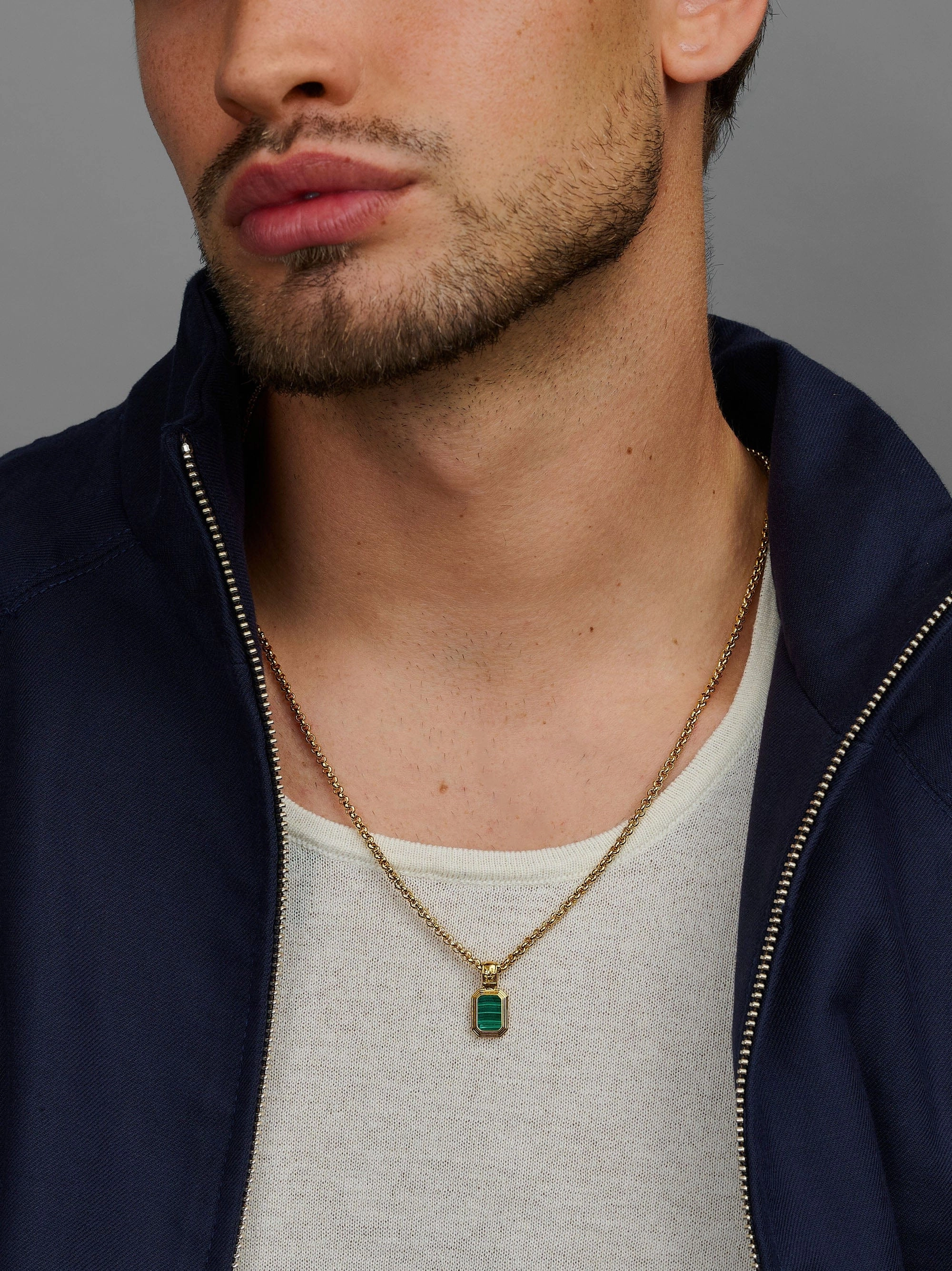 Men's Sterling Silver Necklace with Two-in-One Malachite & Black Onyx Pendant