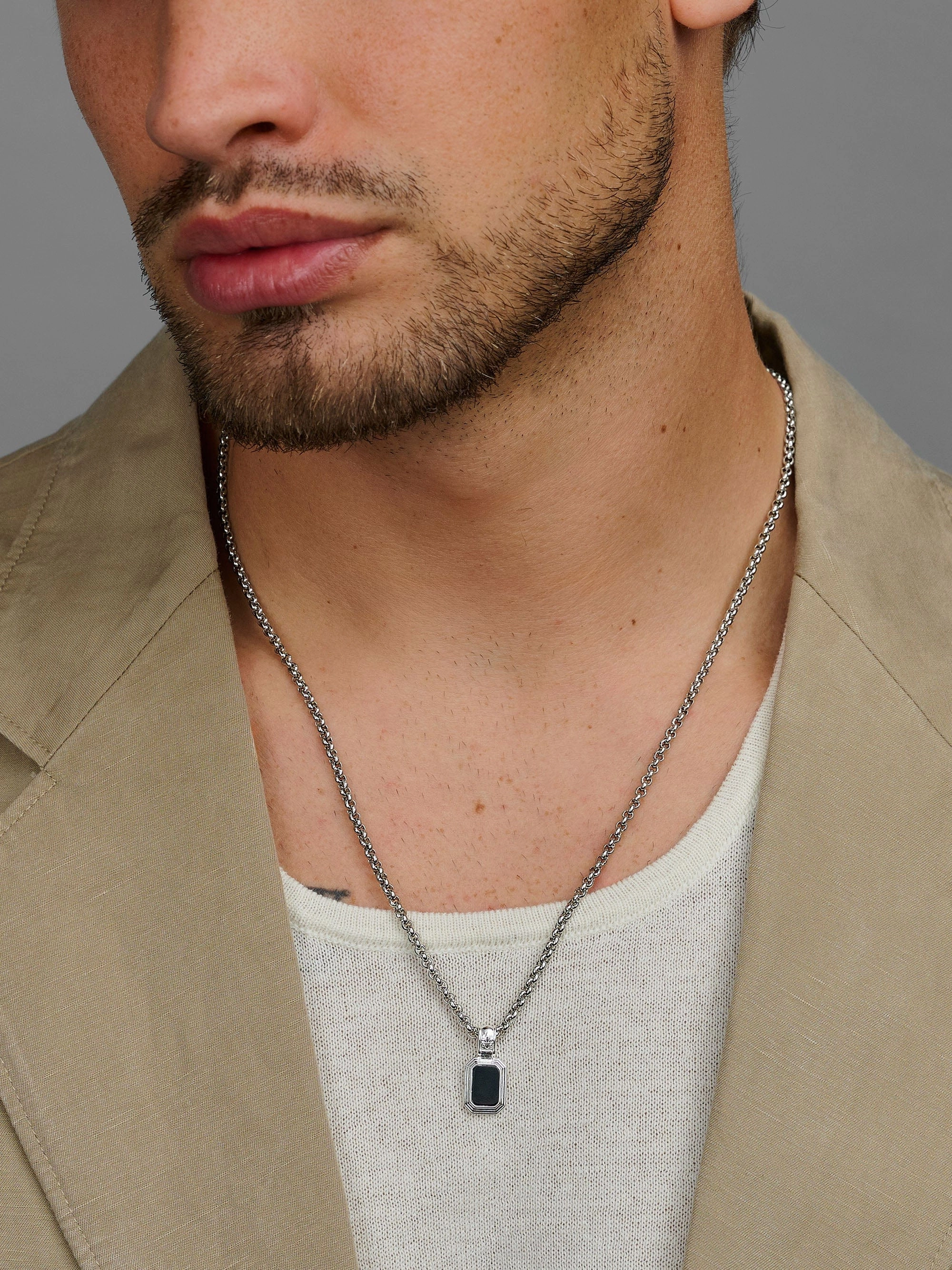 Men's Sterling Silver Necklace with Two-in-One Turquoise & Black Onyx Pendant