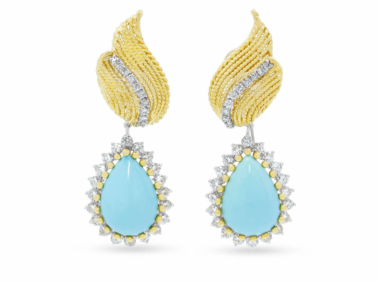 Mid-Century Turquoise and Diamond Drop Earrings in 18K Gold