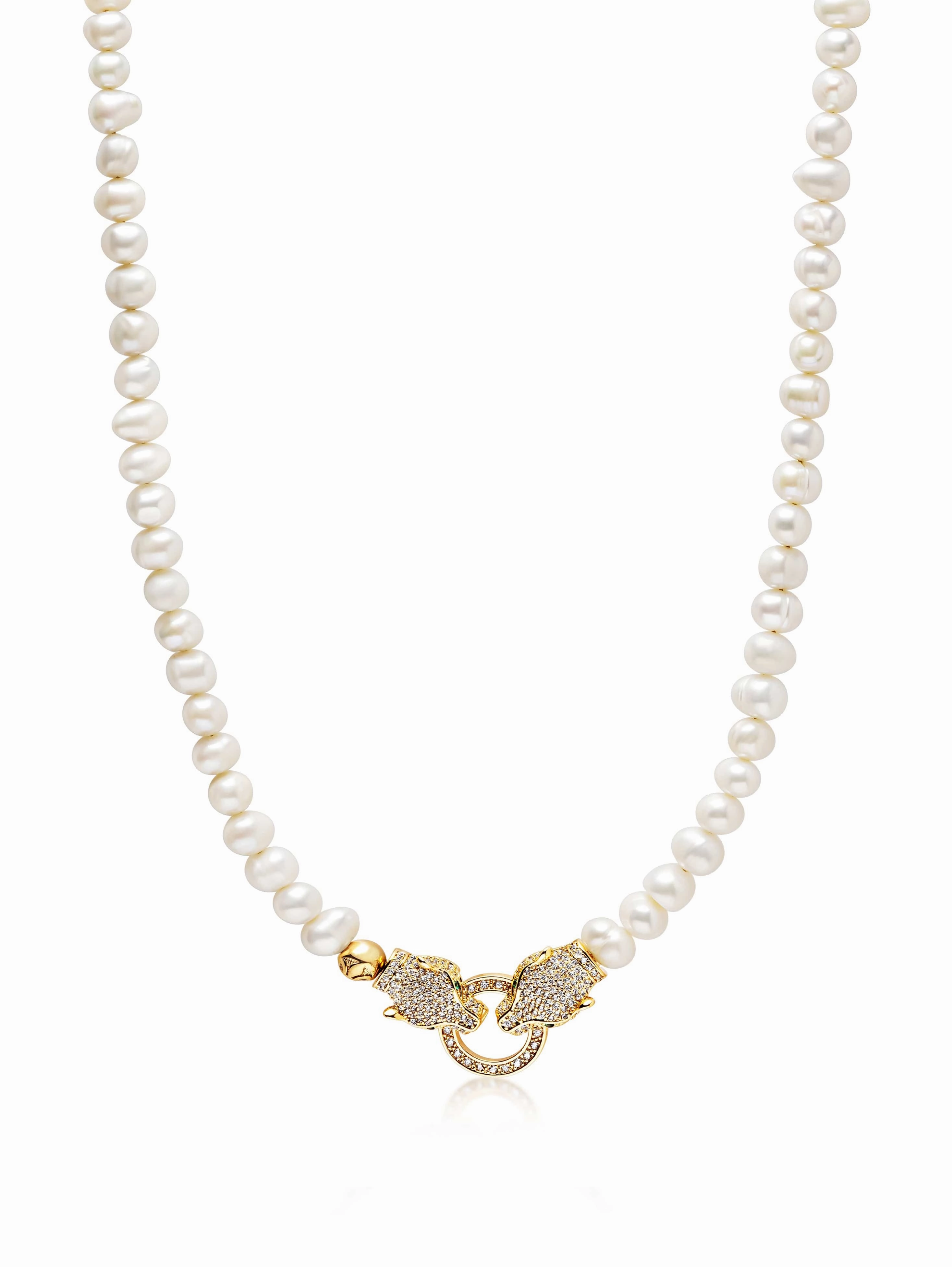 Pearl Necklace with Double Panther Head in Gold