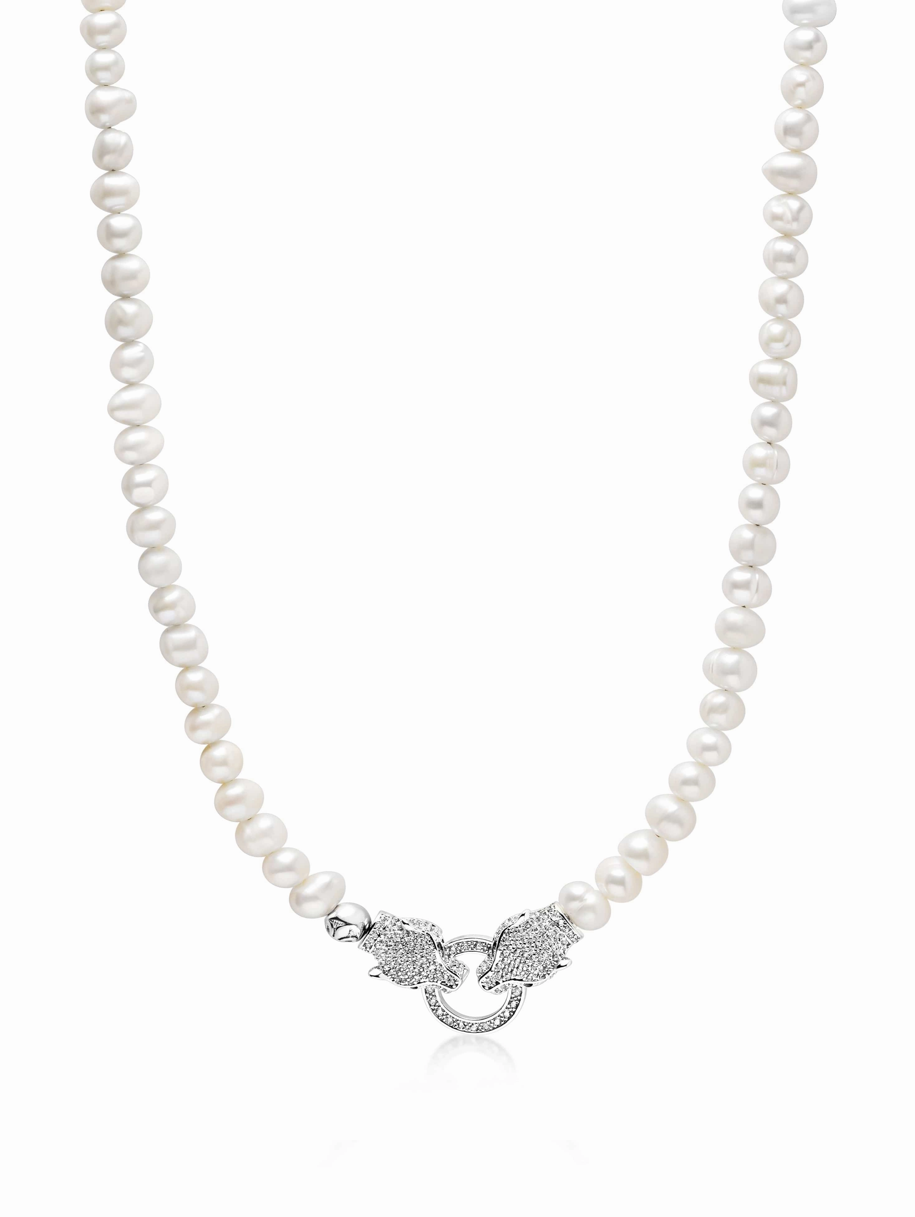 Pearl Necklace with Double Panther Head in Silver