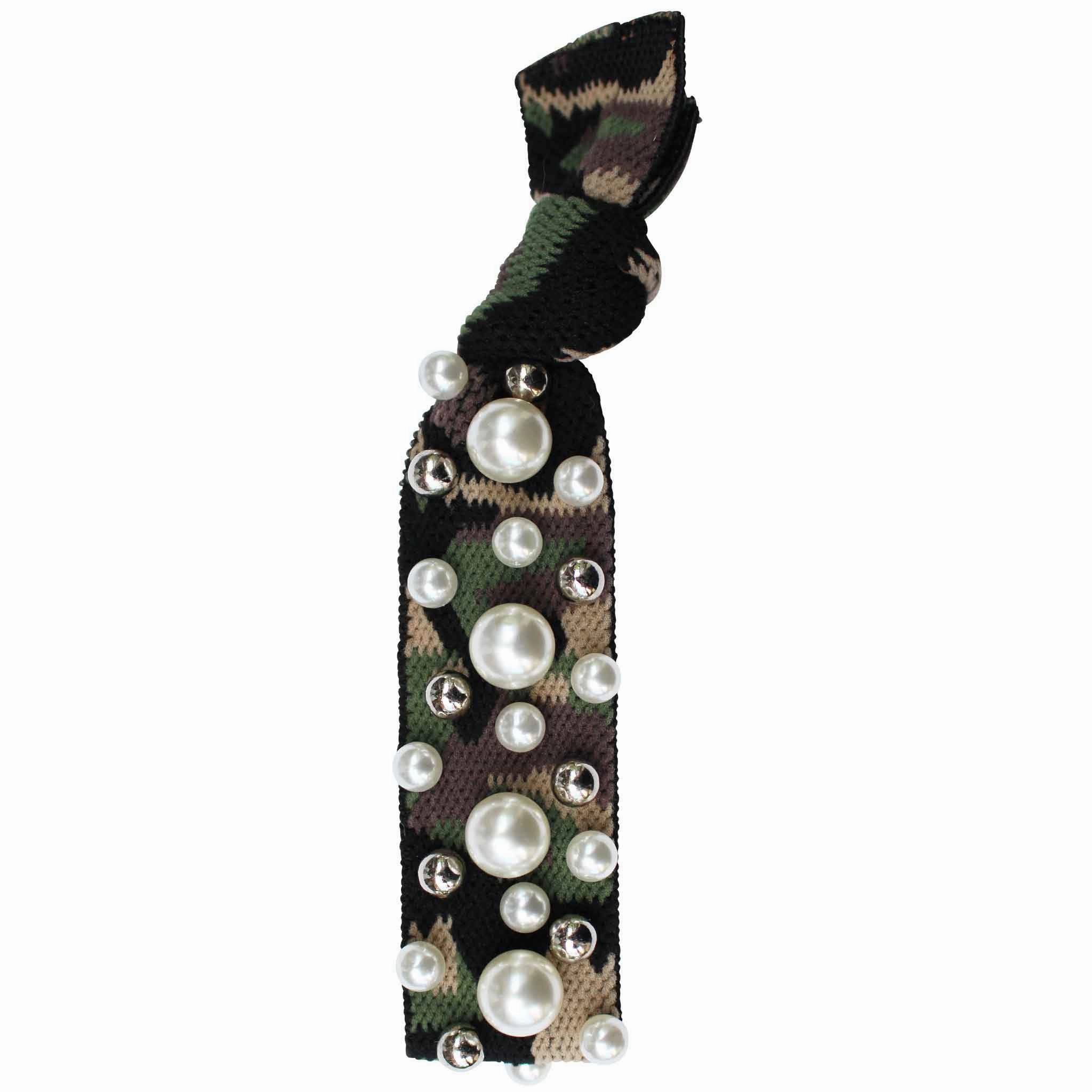 Pearl Stud Hair Tie in Green Camo