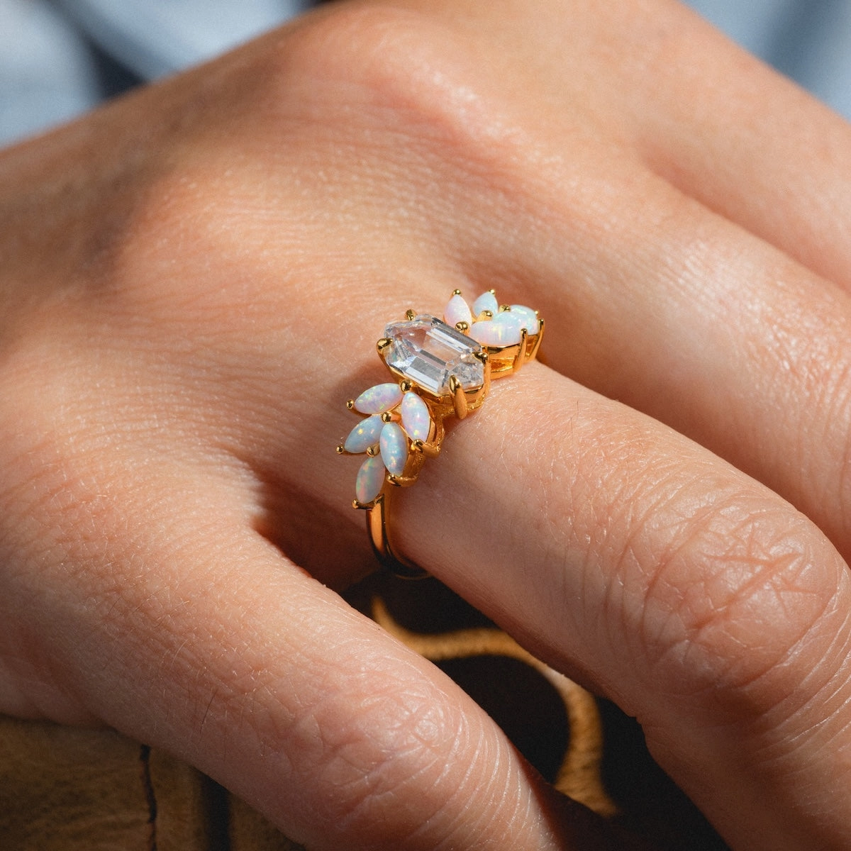 Pink Opal Ombre and Topaz Lotus Ring
