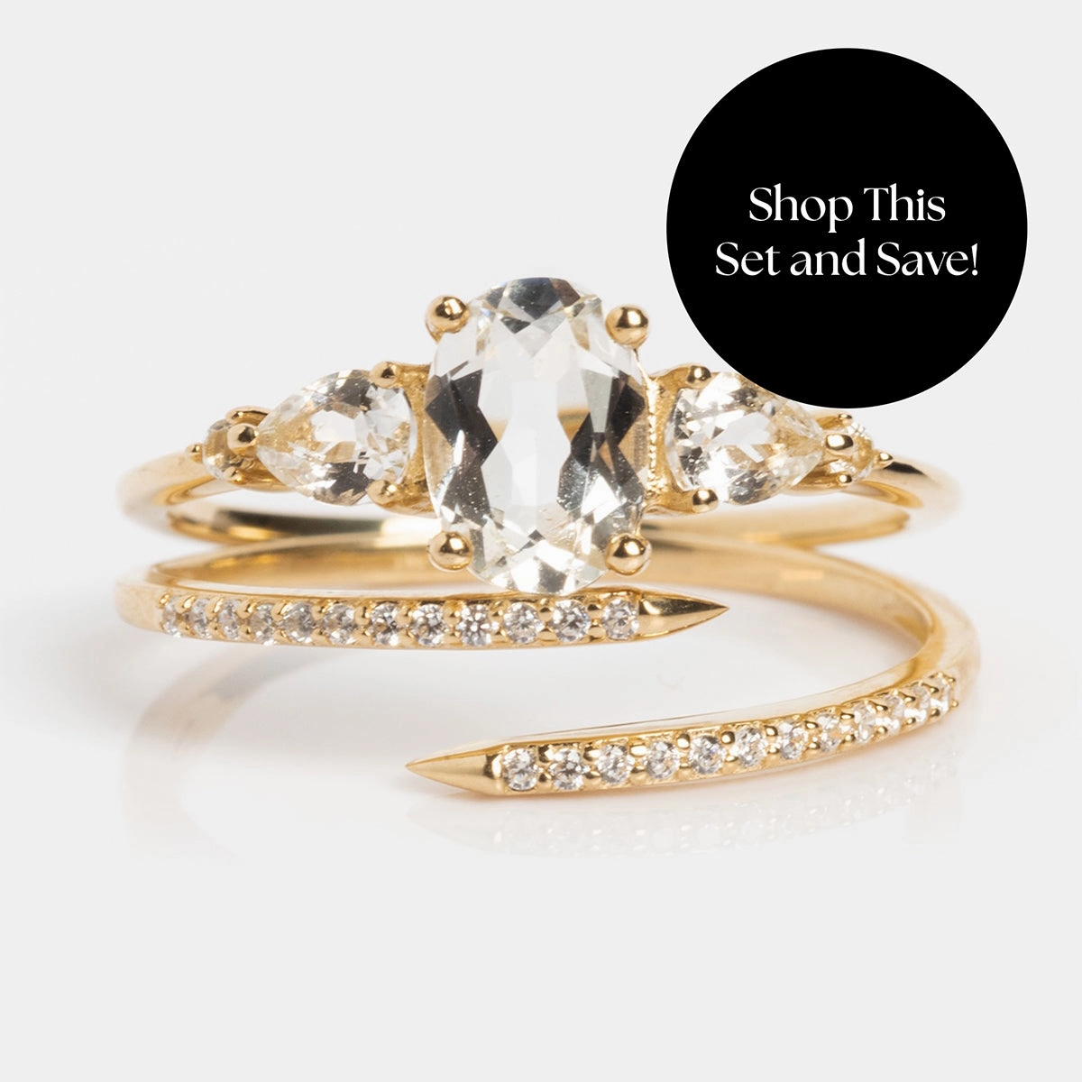Solid Gold 2025 April Capsule White Topaz Ring Set with Free Gift