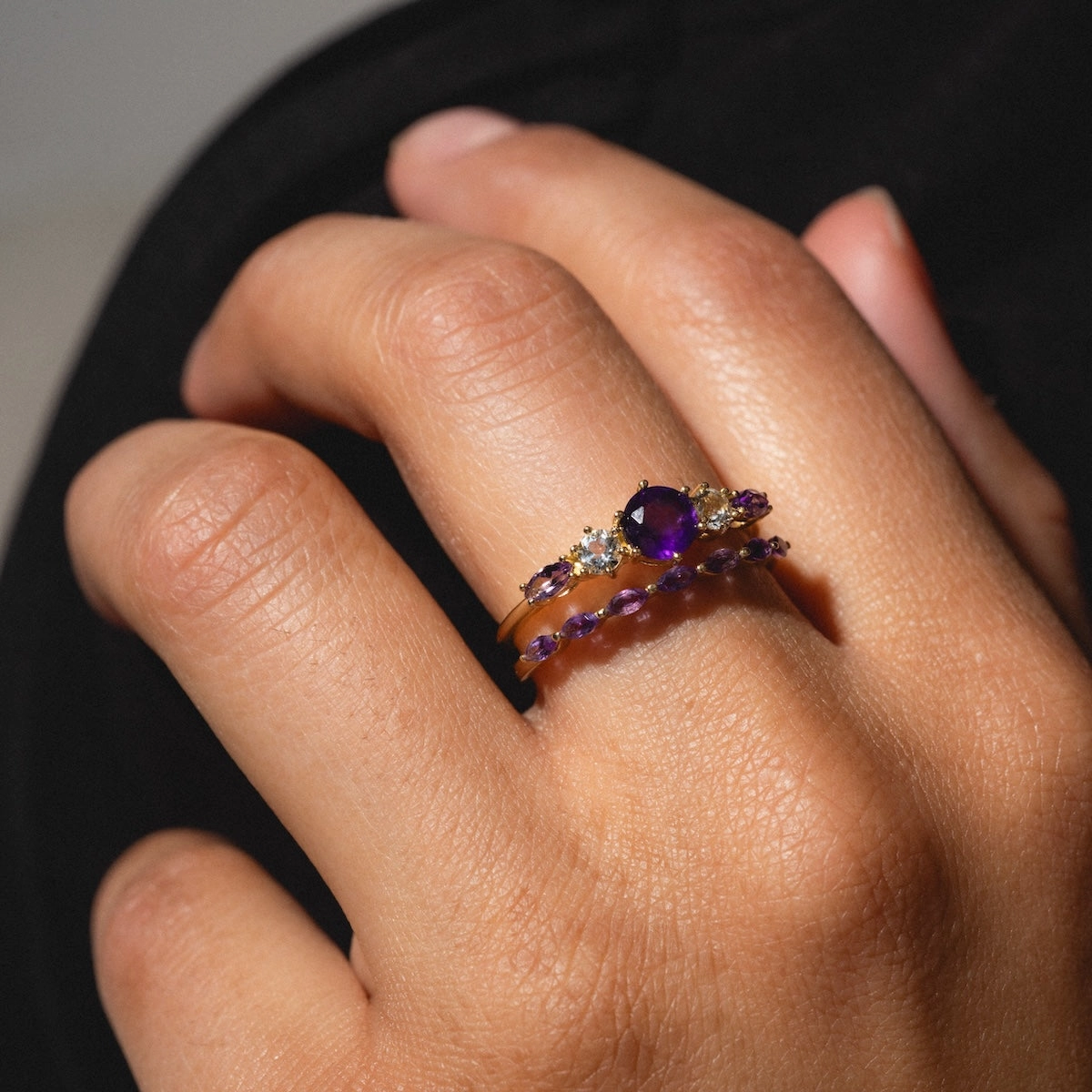 Solid Gold 2025 February Capsule Amethyst Ring Set with Free Gift