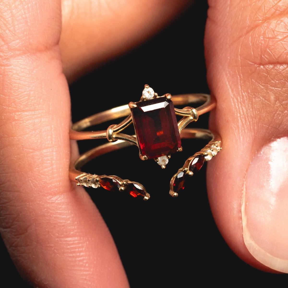 Solid Gold 2025 January Capsule Garnet Ring Set with Free Gift