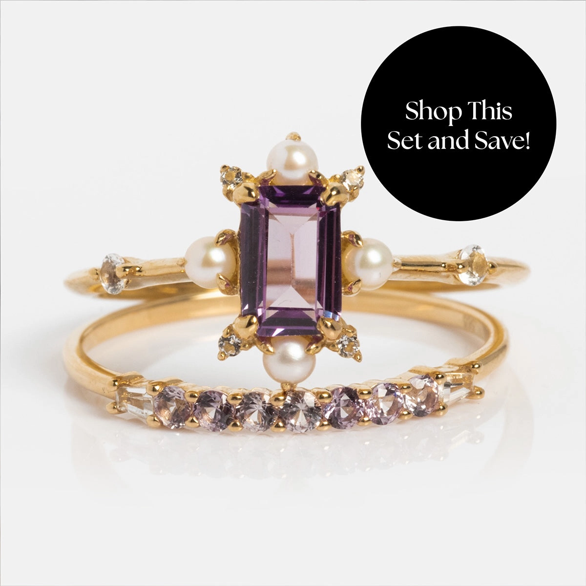Solid Gold 2025 June Capsule Alexandrite and Pearl Ring Set with Free Gift