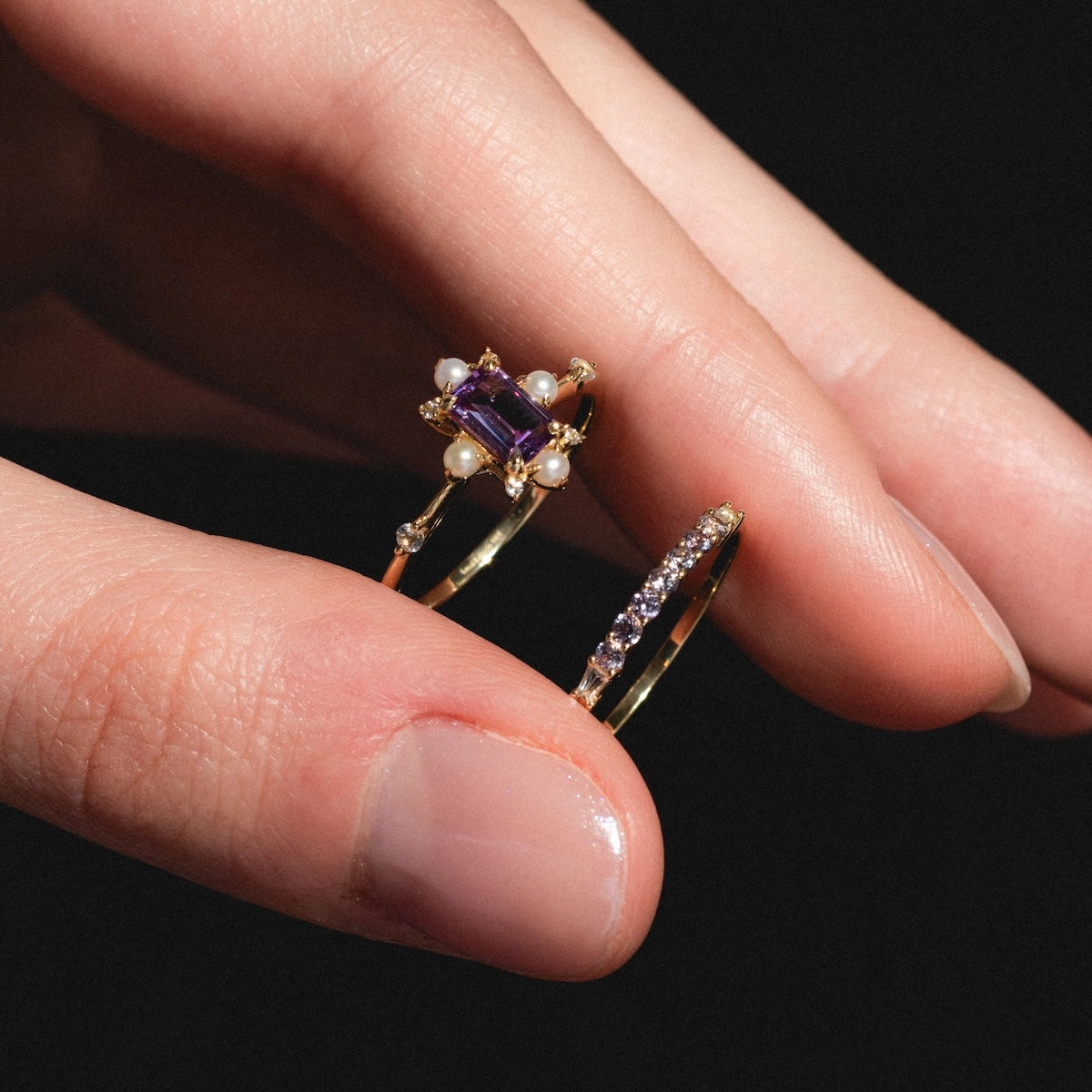 Solid Gold 2025 June Capsule Alexandrite and Pearl Ring Set with Free Gift