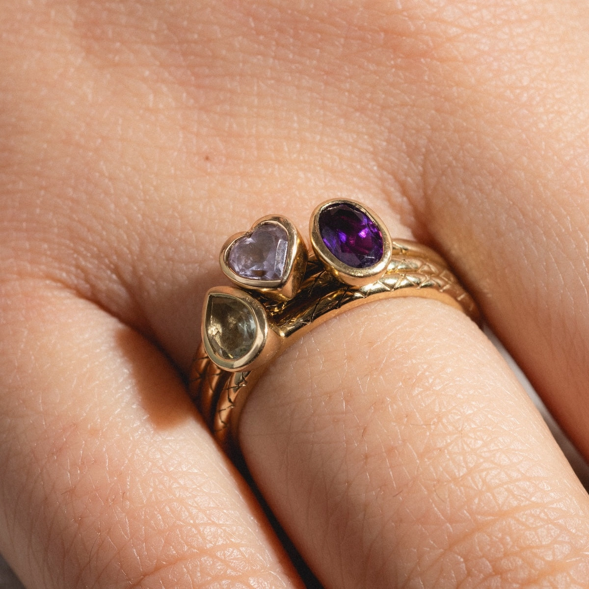 Solid Gold Amethyst Trio Ring Set