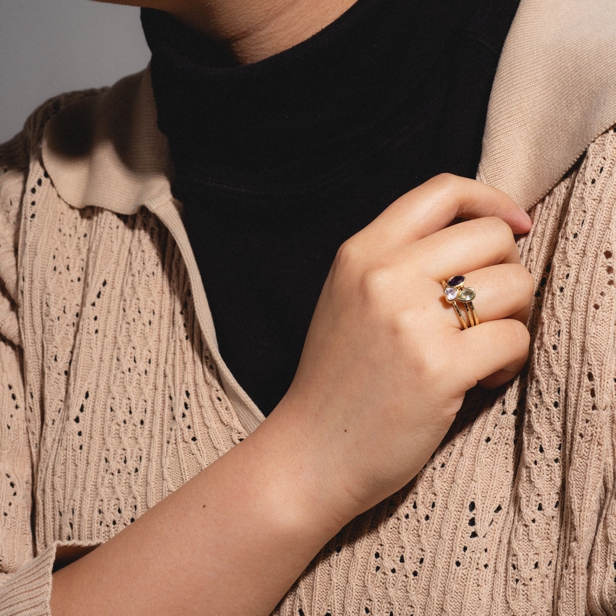 Solid Gold Amethyst Trio Ring Set