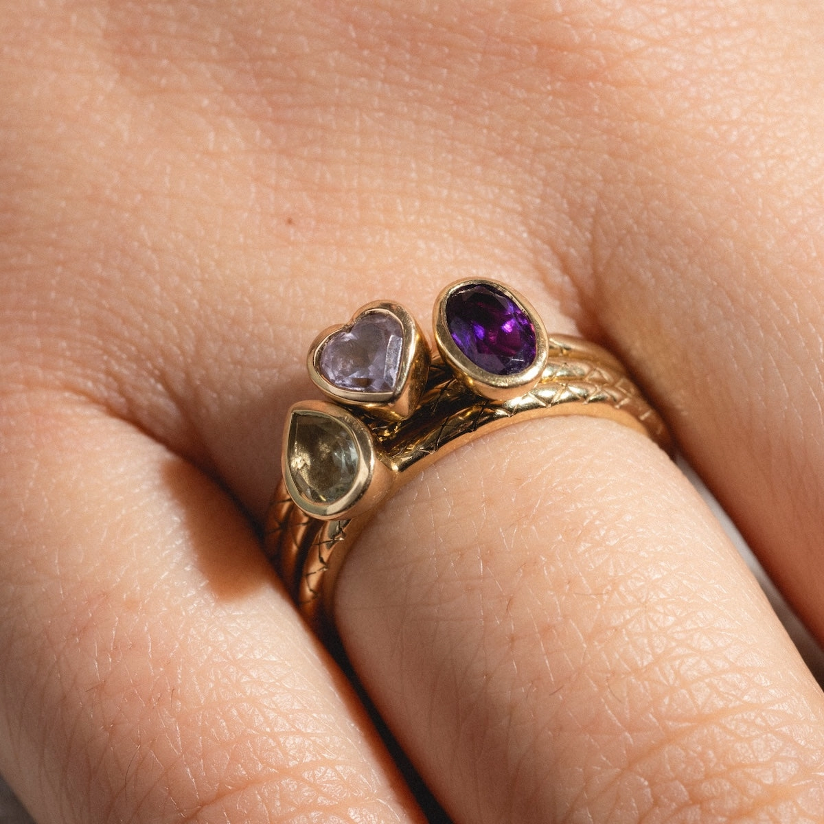 Solid Gold Amethyst Trio Ring Set