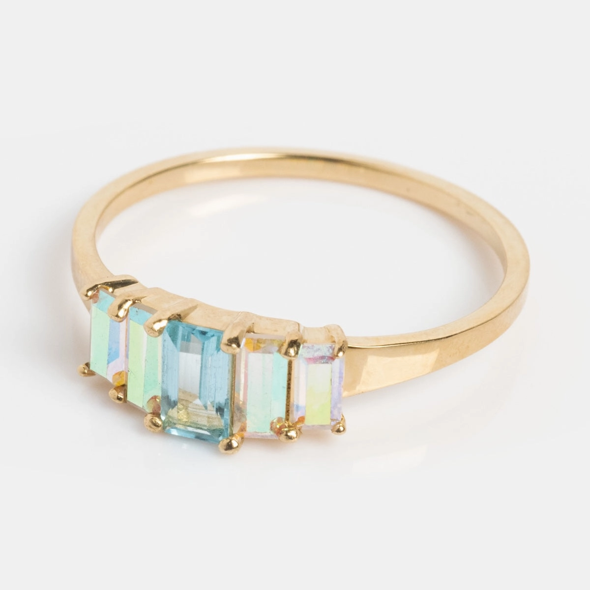 Solid Gold Aurora Angel Aura Quartz and Blue Topaz Ring