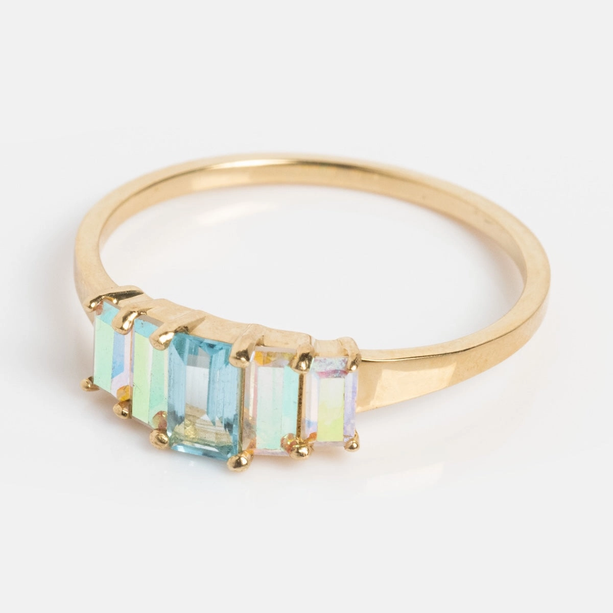 Solid Gold Aurora Angel Aura Quartz and Blue Topaz Ring