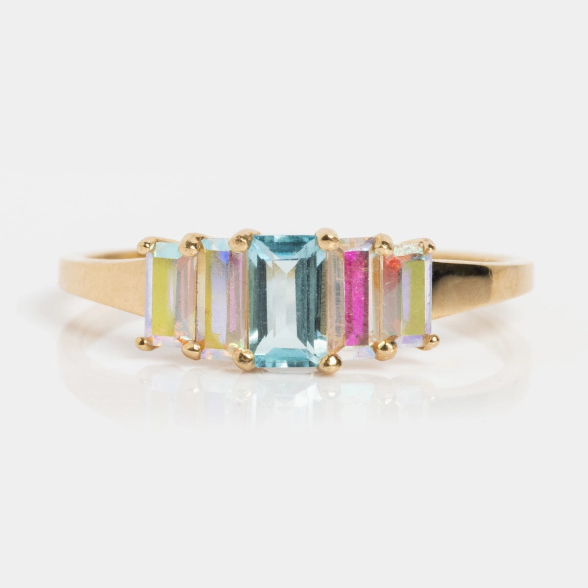 Solid Gold Aurora Angel Aura Quartz and Blue Topaz Ring
