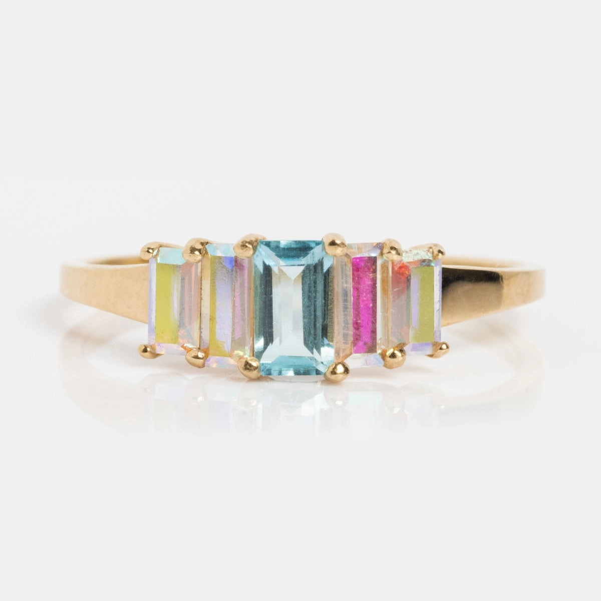 Solid Gold Aurora Angel Aura Quartz and Blue Topaz Ring
